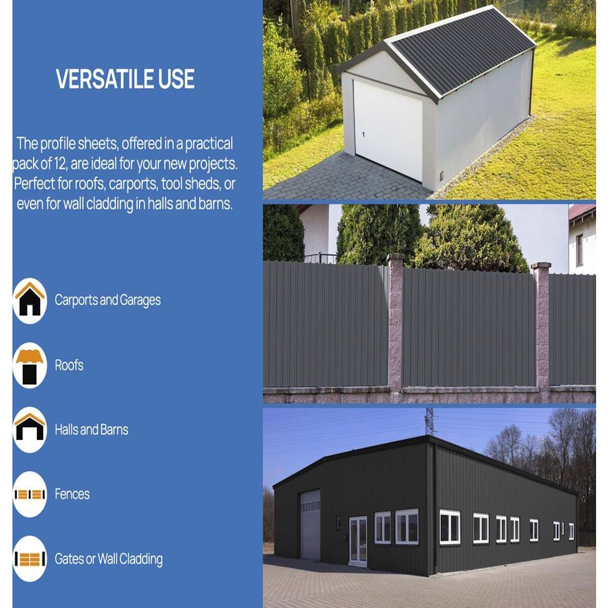 Habitat et Jardin Lot de 12 tôles de bardage en acier galvanisé  Atlanta  - 129 x 42 cm - Gris