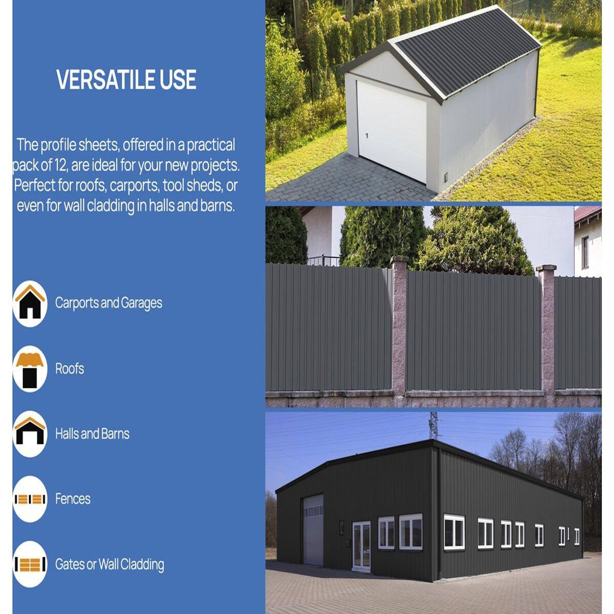 Habitat et Jardin Lot de 12 tôles de bardage en acier galvanisé  Atlanta  - 129 x 42 cm - Gris