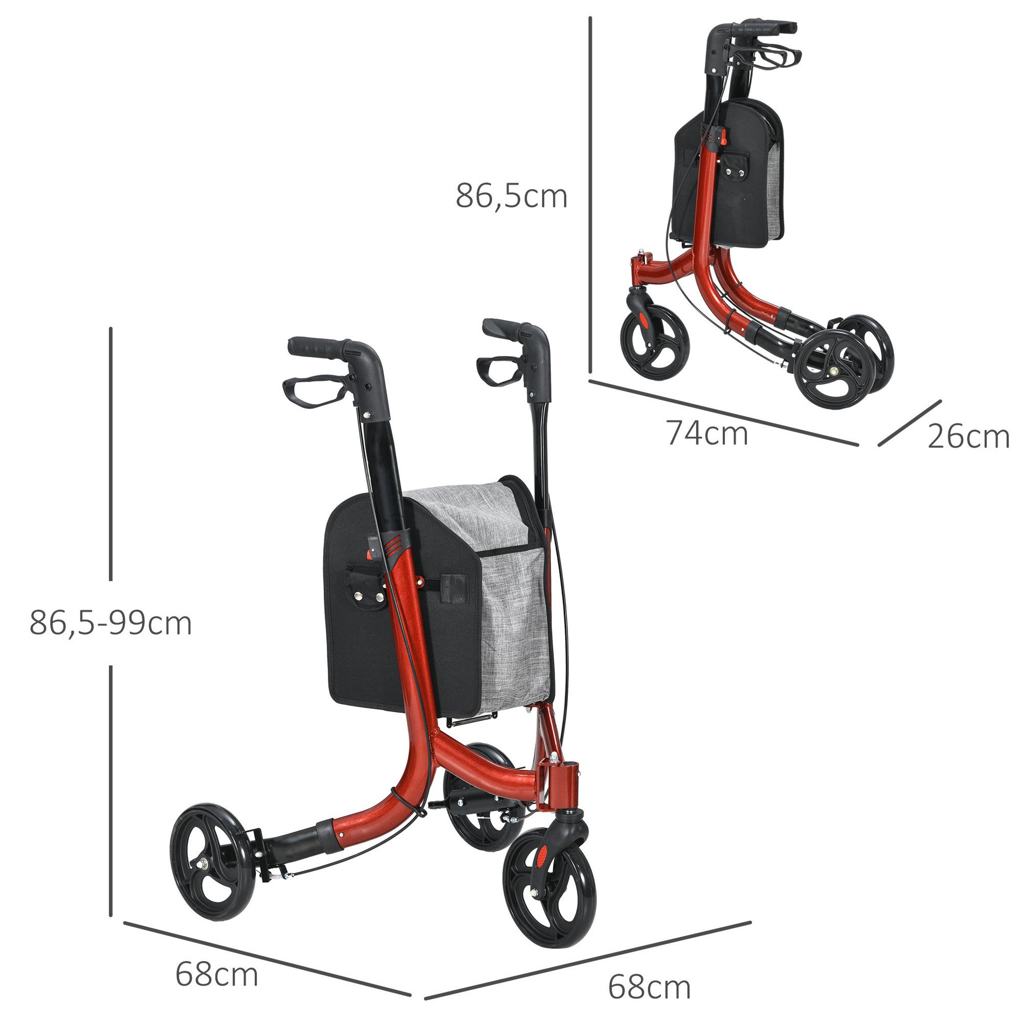 Voir la diapositive 3 : HOMCOM Déambulateur réglable pliable 3 roues frein double panier alu rouge