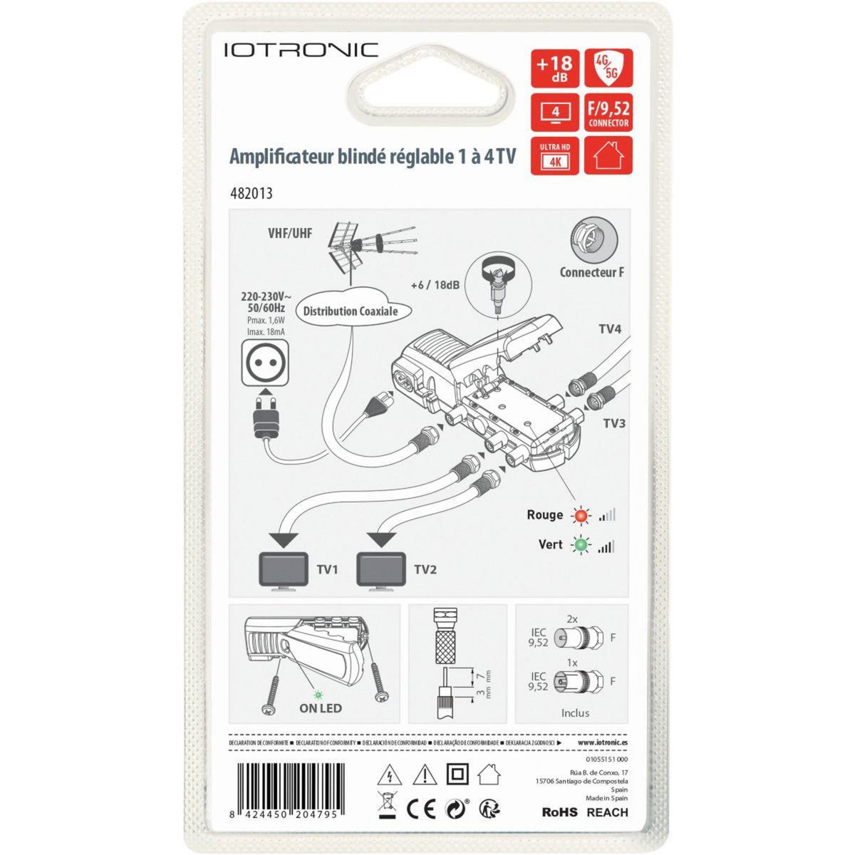 TELEVES Amplificateur TV intérieur 4 TV 18db réglable avec LED