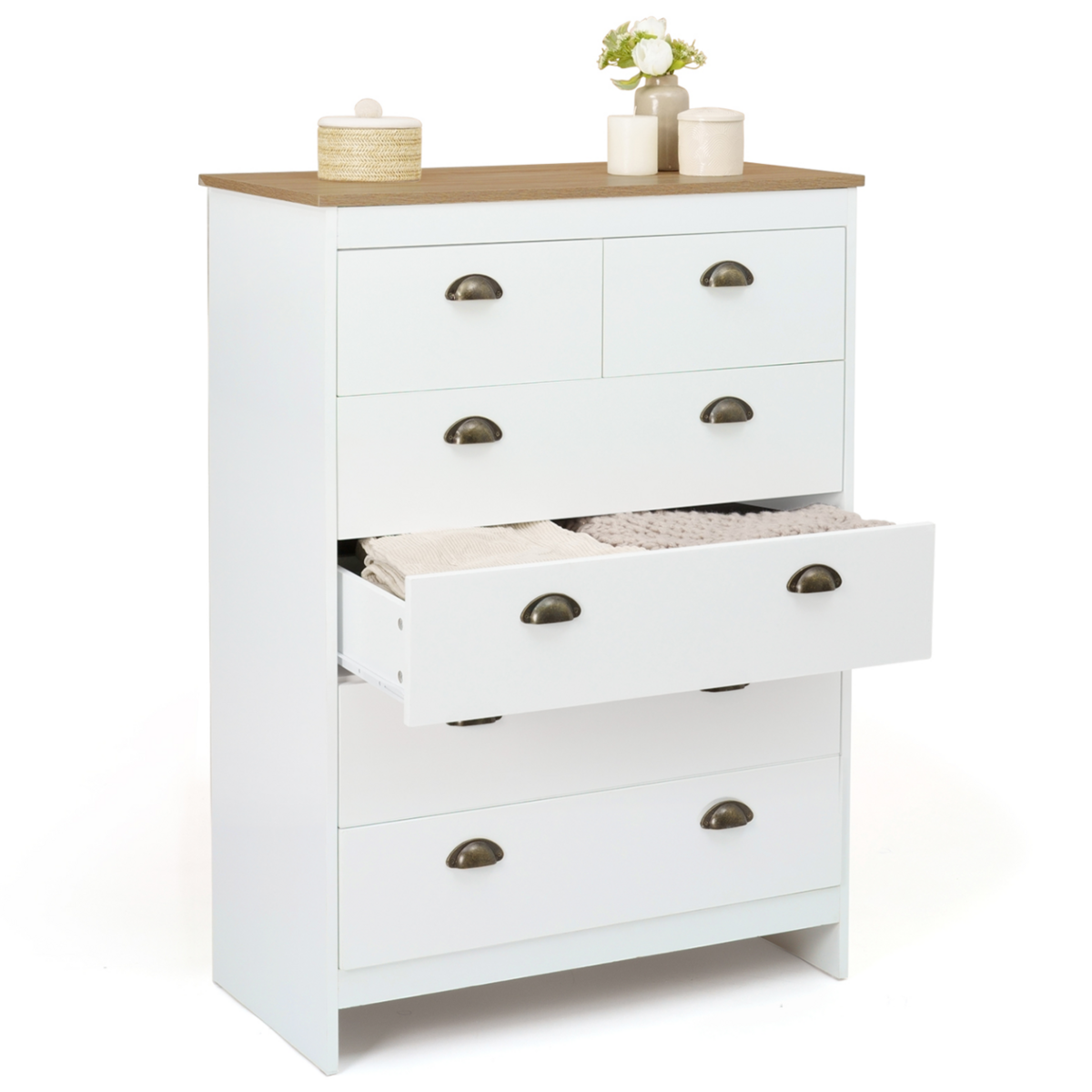 ID MARKET Commode 6 tiroirs ISIS 80 cm blanc et plateau bois