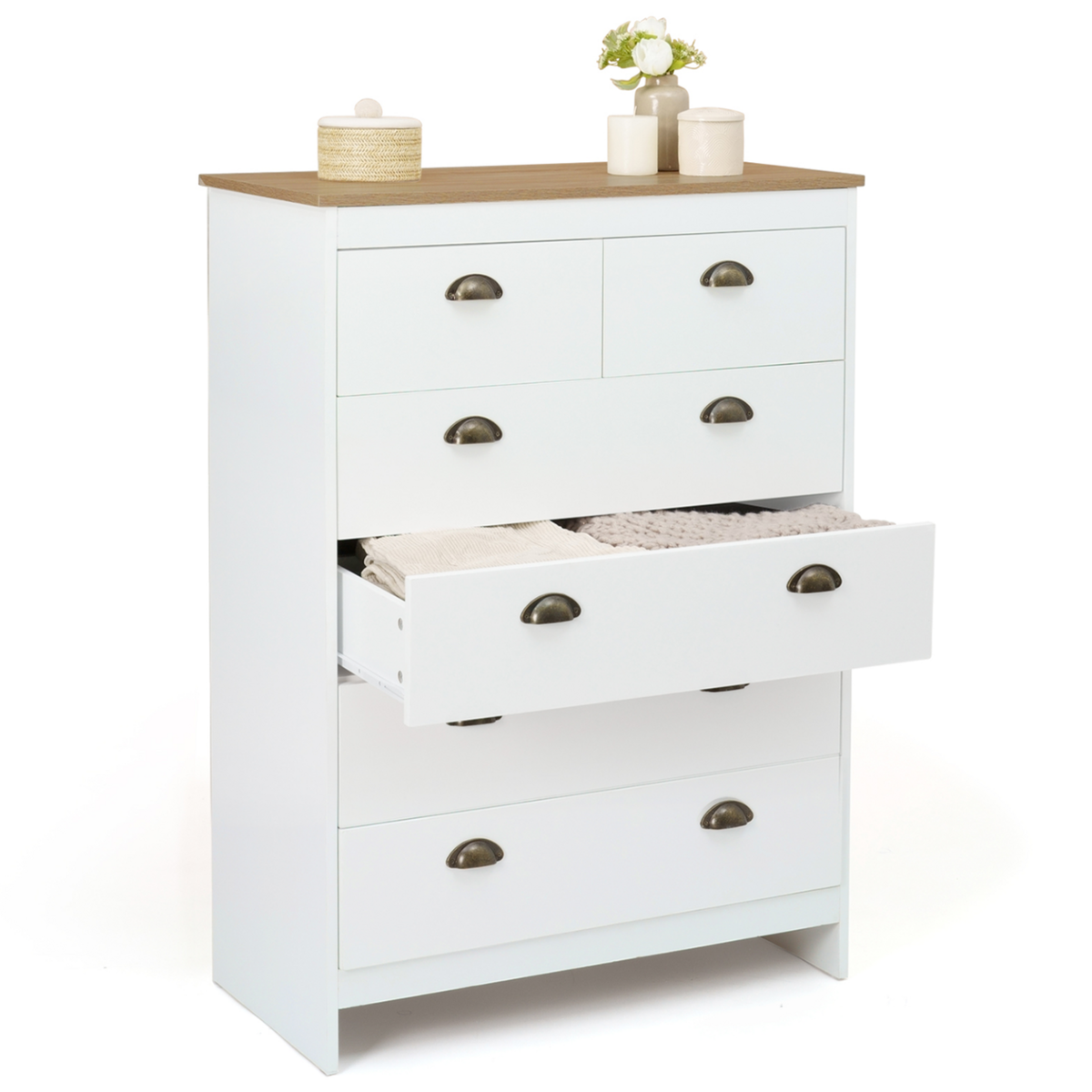 ID MARKET Commode 6 tiroirs ISIS 80 cm blanc et plateau bois
