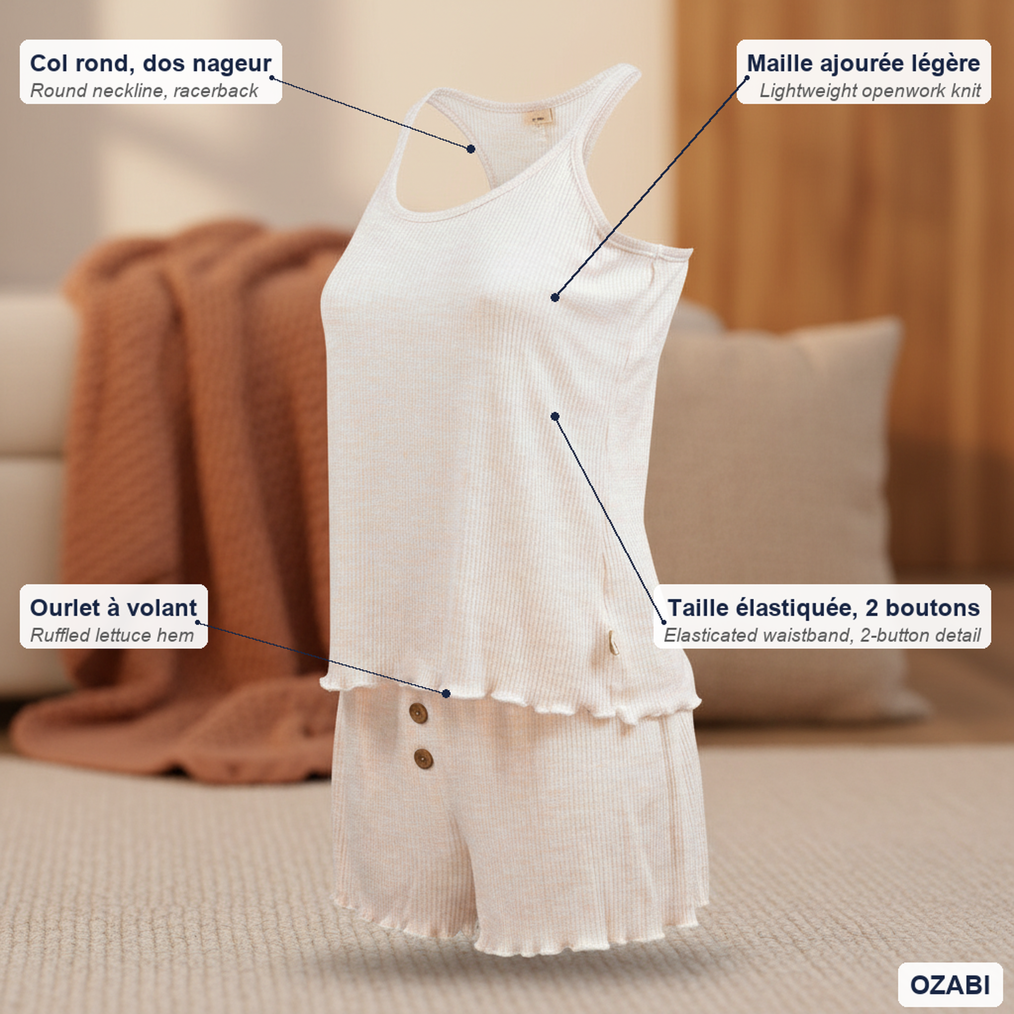 Voir la diapositive 5 : OZABI Infinitif paris ensemble pyjama short femme débardeur et short maille douce