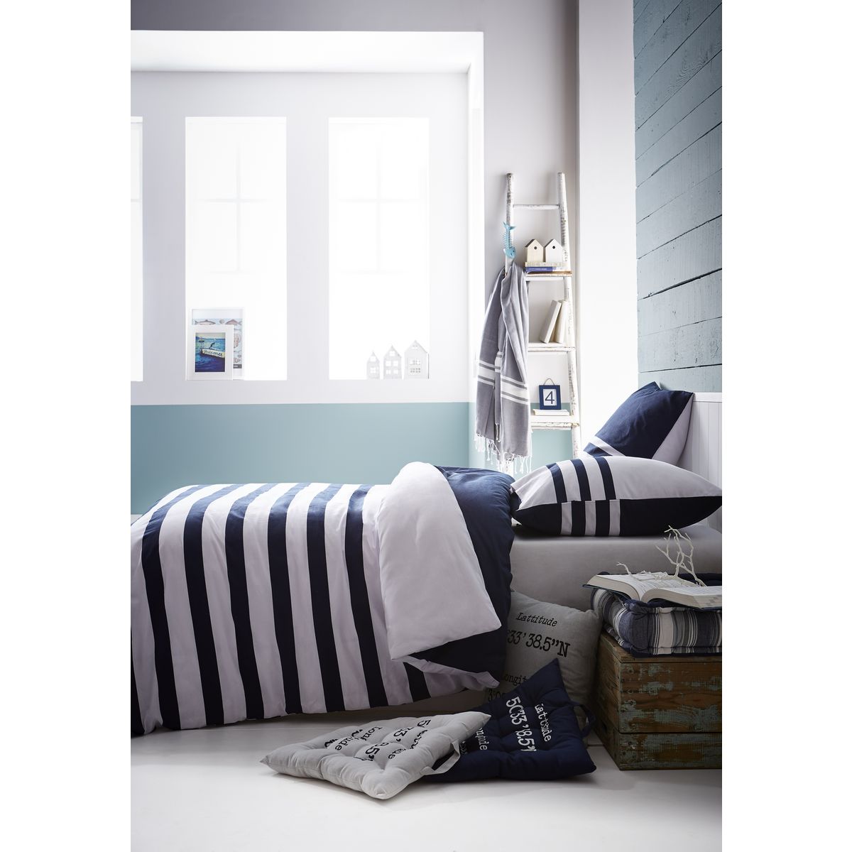 Parure housse de couette coton 57 fils rayures thème marin 
