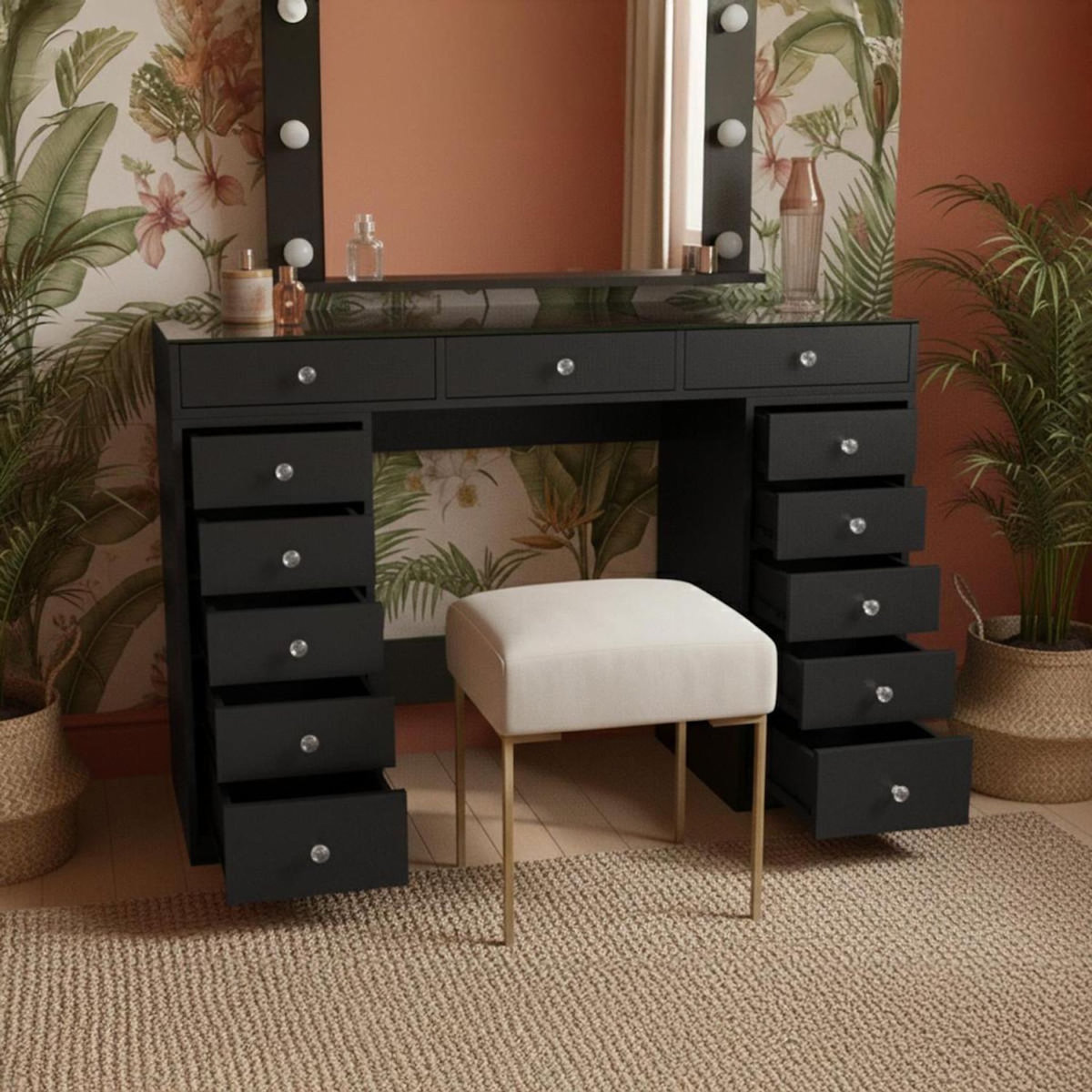 Paris Prix Coiffeuse Avec 13 Tiroirs & Miroir  Beauté  120cm Noir