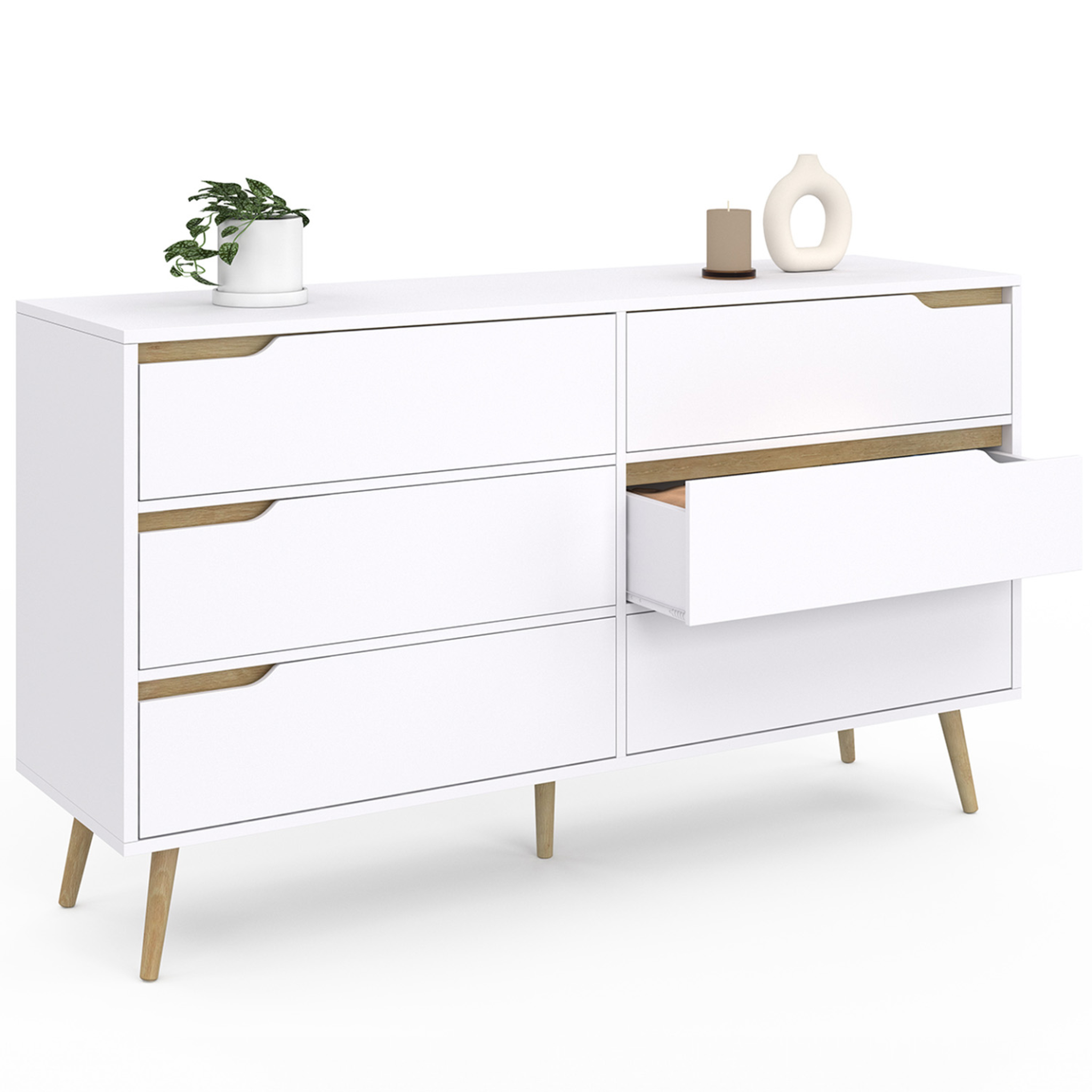 Voir la diapositive 4 : ID MARKET Commode 6 tiroirs helsinki xxl 140 cm scandinave blanc