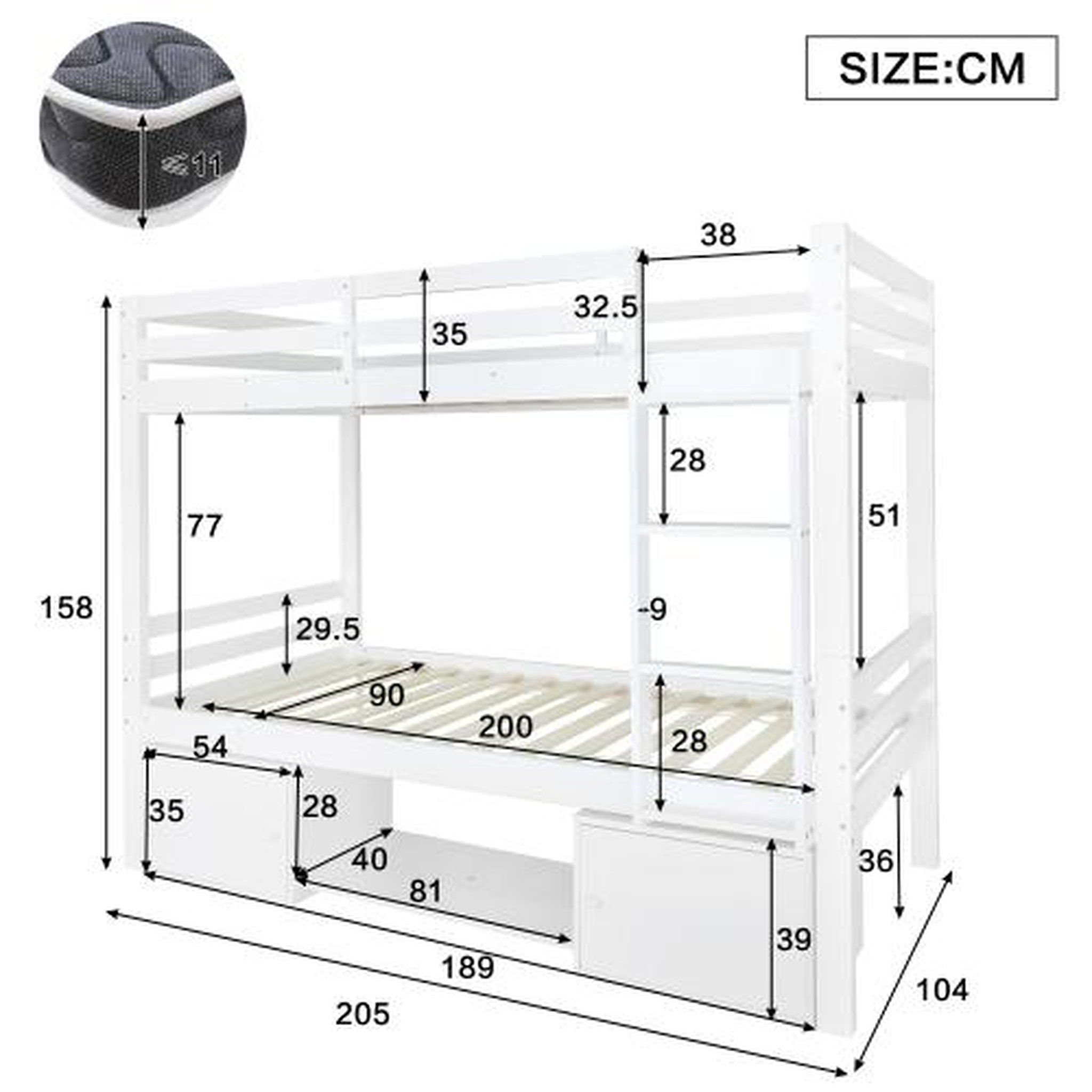 Voir la diapositive 3 : MERAX Lit superposé 90x200cm bois et mdf coloris blanc