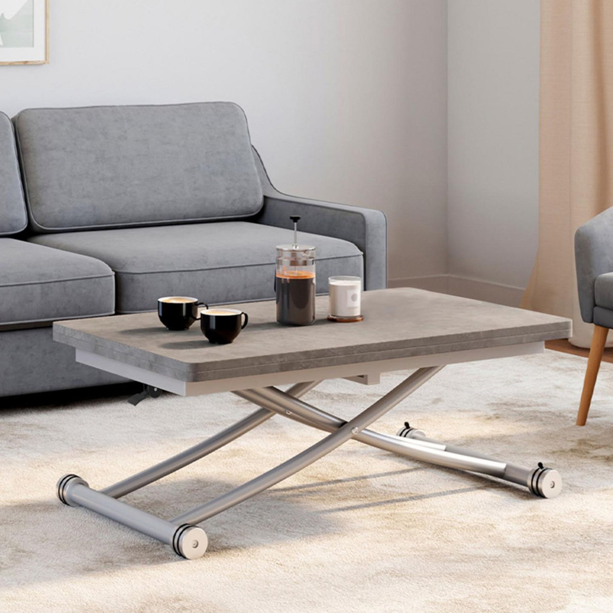 ID MARKET Table basse extensible relevable en table à manger rectangulaire URBANA plateau effet béton pied gris