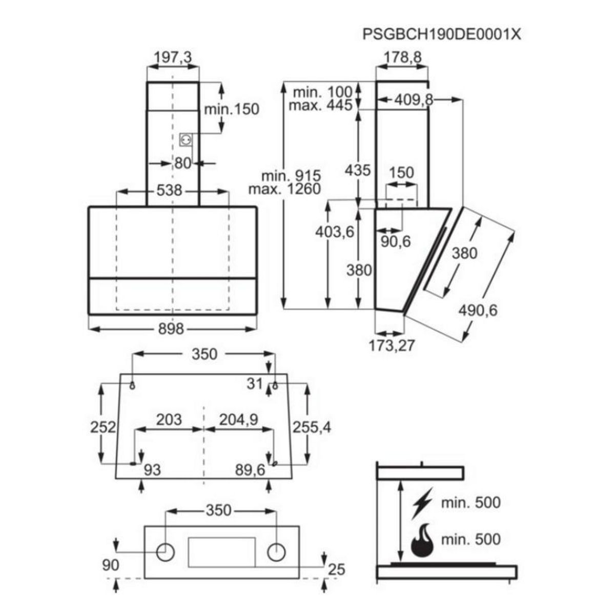 FAURE Hotte décorative inclinée 90cm 58db 460m3/h noir - ffv919y