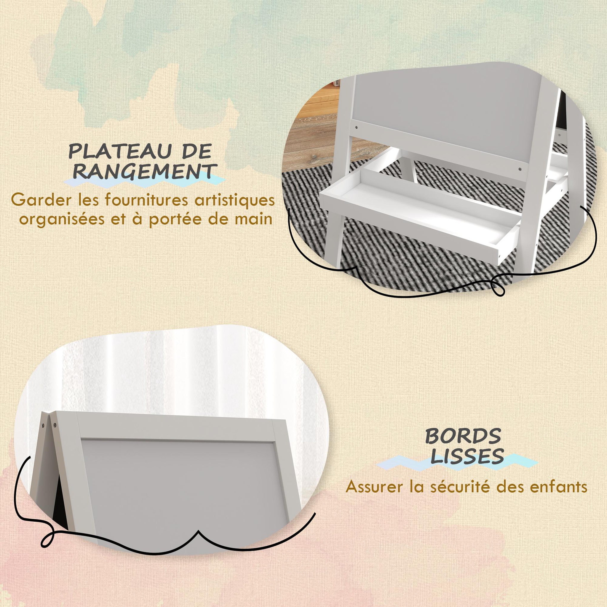 Voir la diapositive 5 : HOMCOM Tableau enfant double face - chevalet enfant - tableau blanc magnétique, tableau noir à craie - 2 paniers rangements - MDF blanc