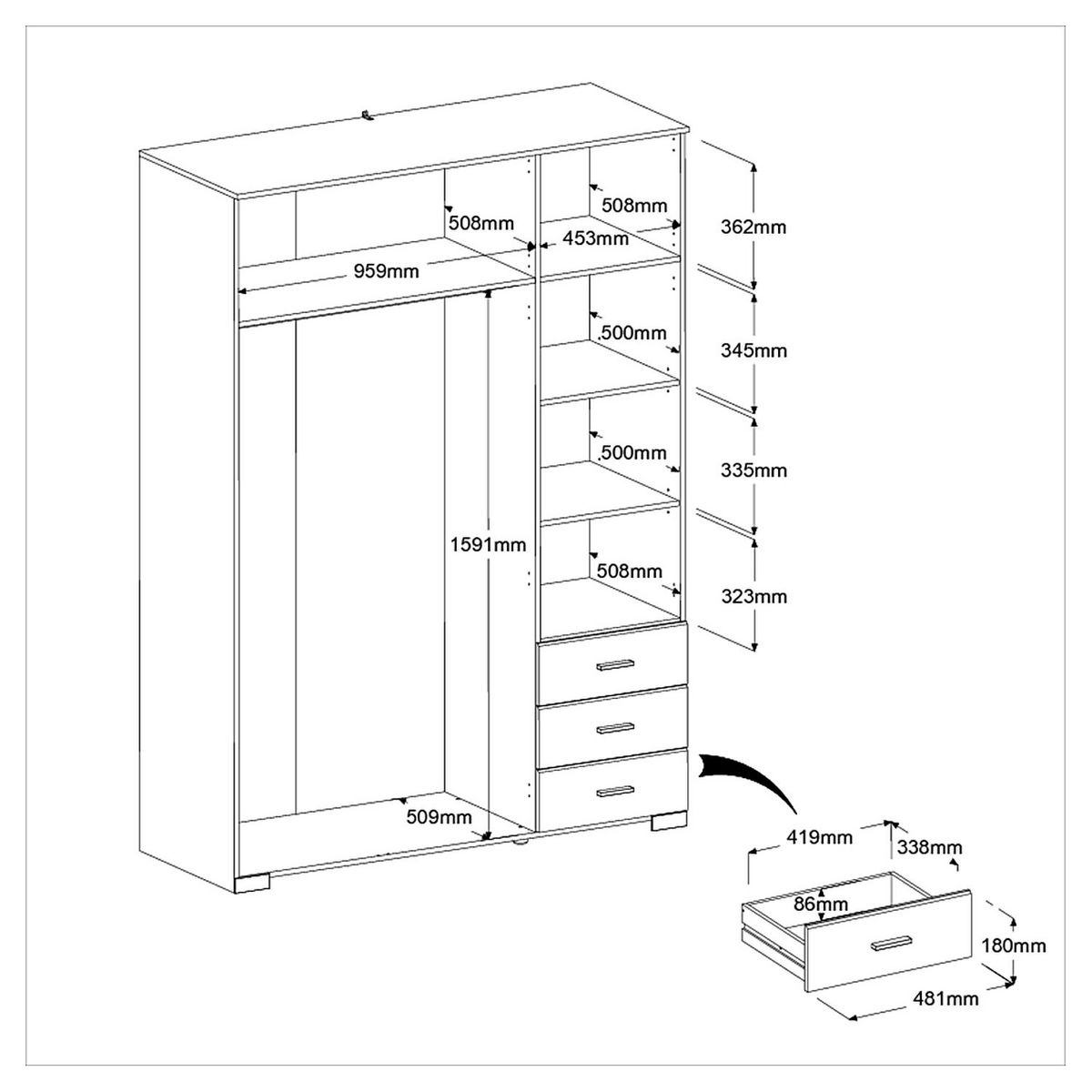 Armoire de chambre 6 portes 3 tiroirs L146cm AXELLE