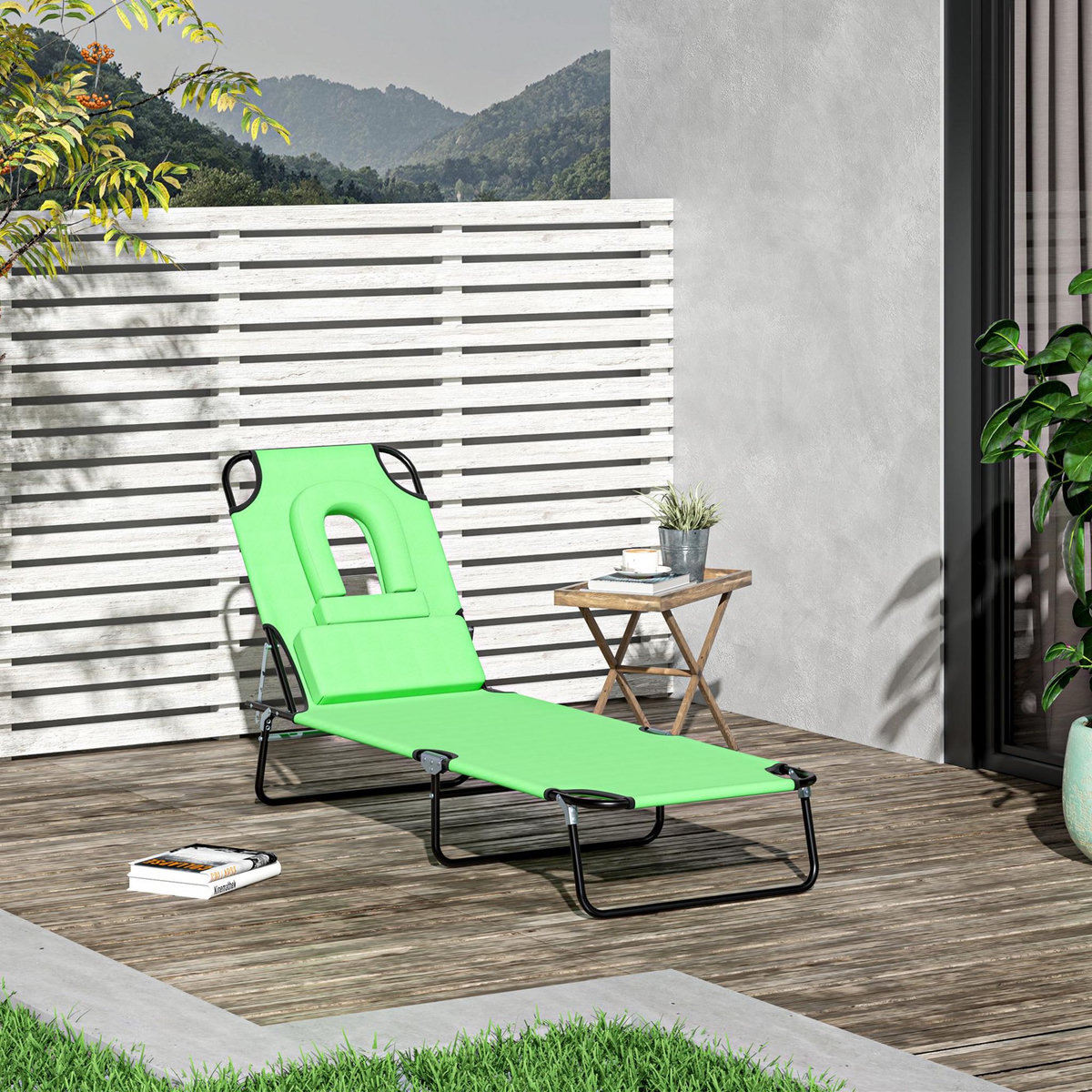 OUTSUNNY Bain de soleil pliable transat inclinable 4 positions chaise longue de lecture 3 coussins fournis vert