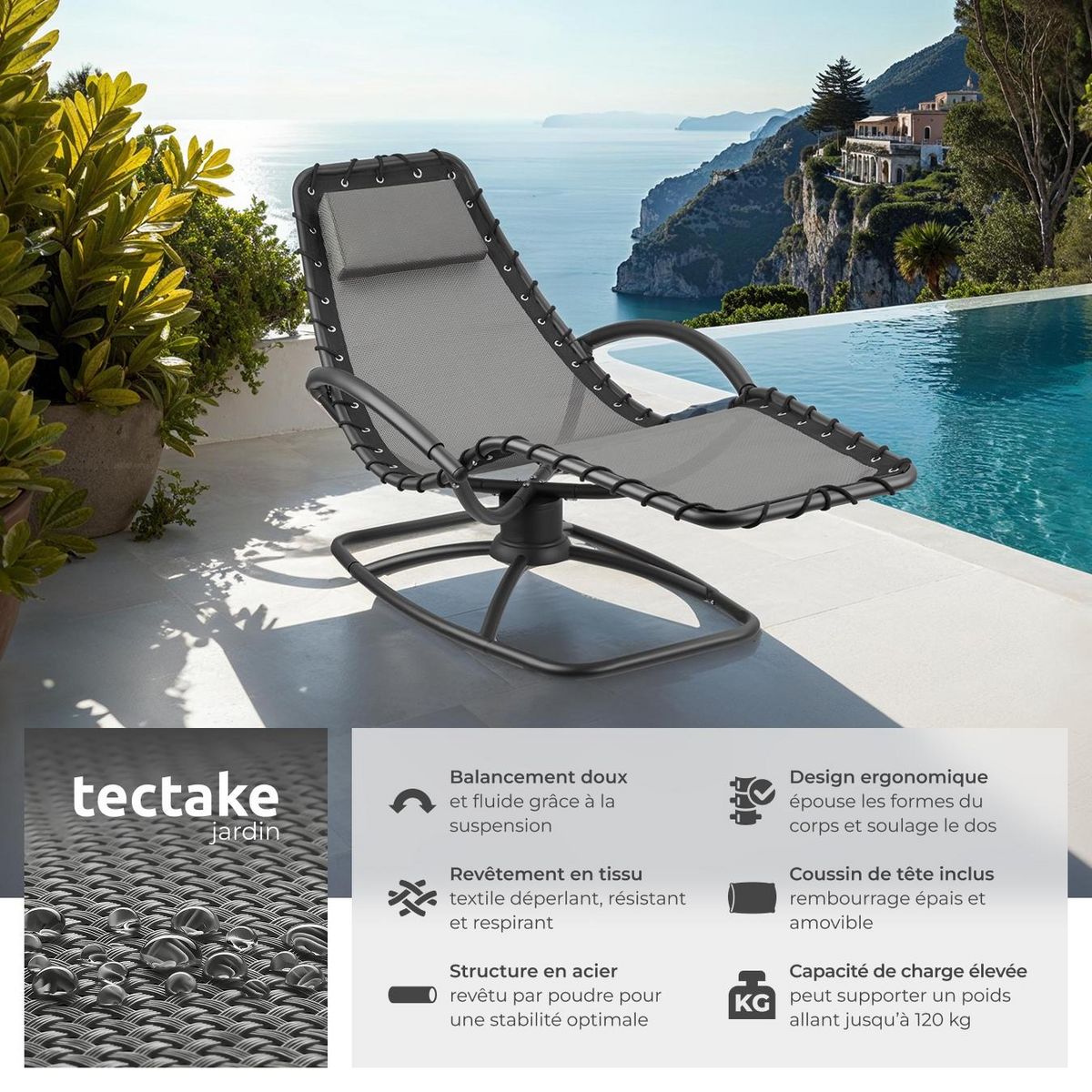 tectake Chaise longue de jardin ergonomique avec mouvement de balancement confortable gris