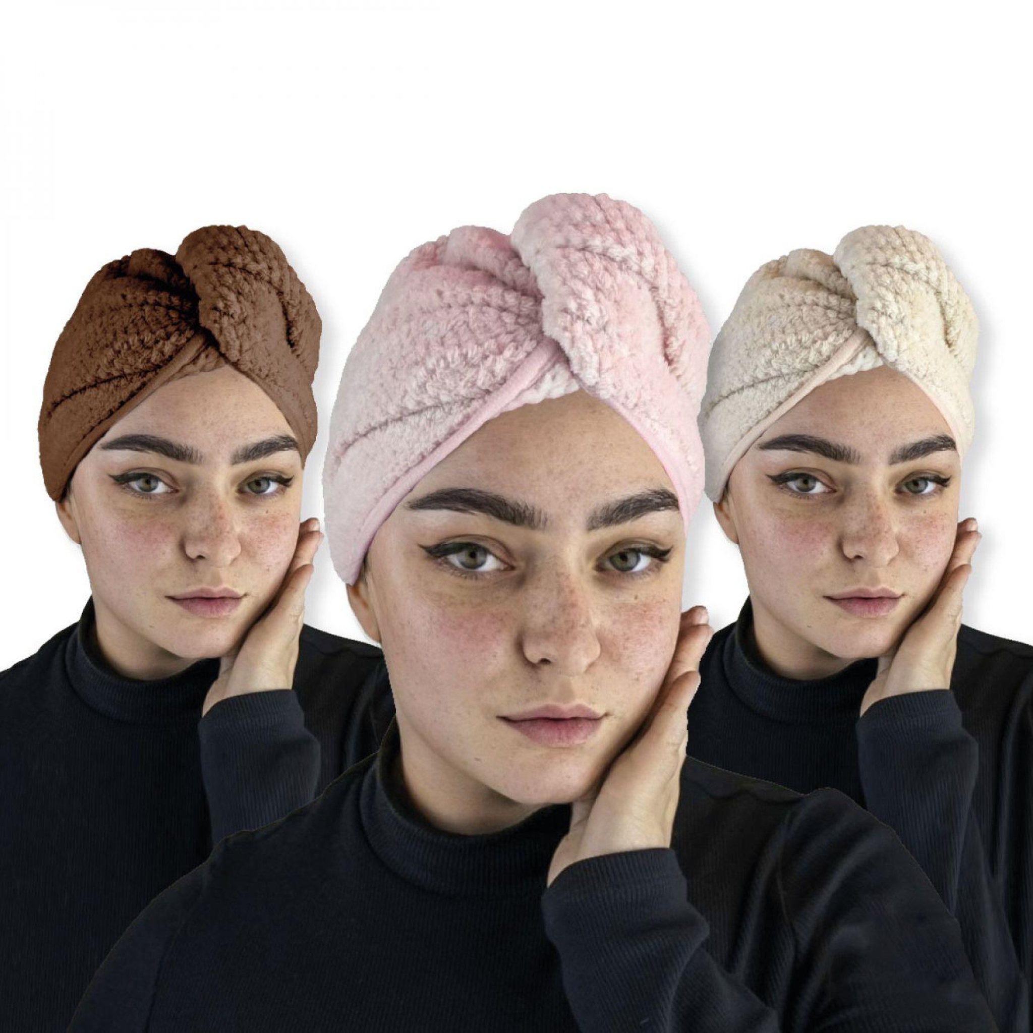 VIVEZEN Lot de 3 serviettes turban pour cheveux - Microfibre - Beige rose et marron