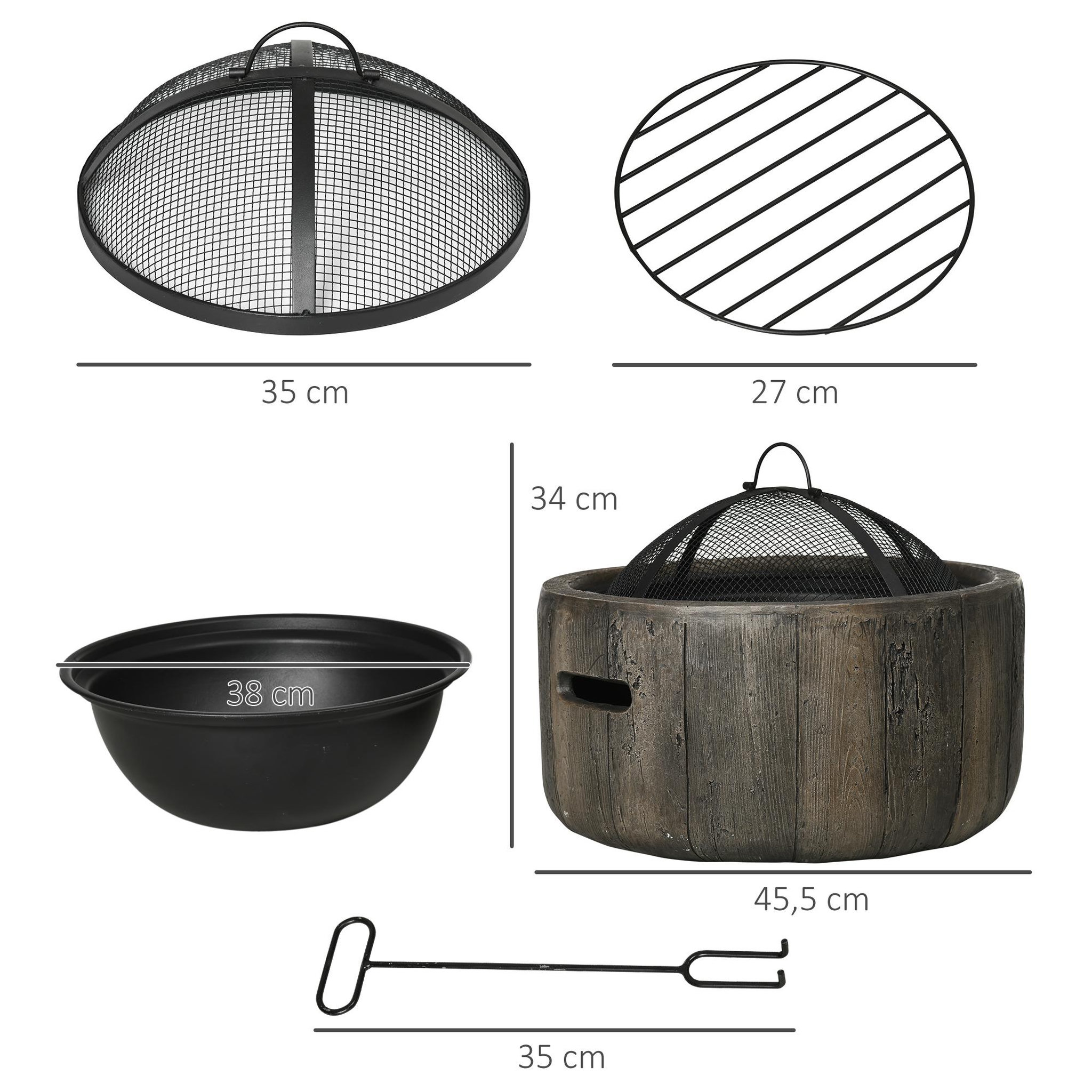 Voir la diapositive 3 : OUTSUNNY Brasero design cheminée foyer extérieur dim. Ø 45,5 x 34H cm grille couvercle tisonnier métal noir MGO aspect bois