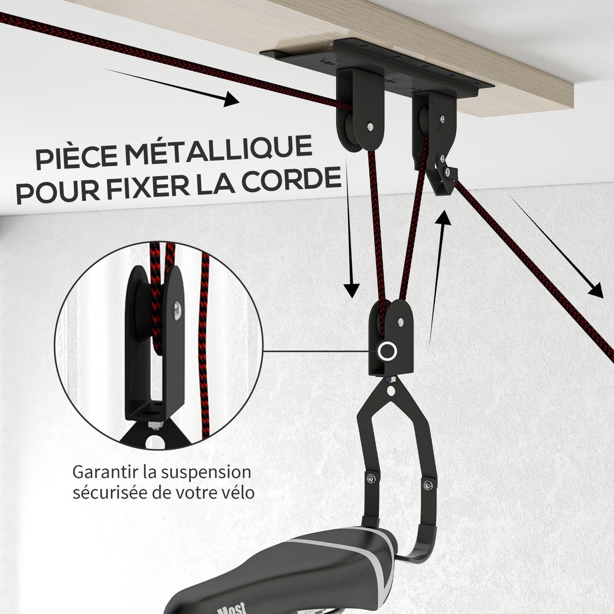 HOMCOM Élévateur de vélo support vélo plafond fixation murale ascenseur vélo avec poulie mécanisme de verrouillage capacité de chargement 20 kg acier noir