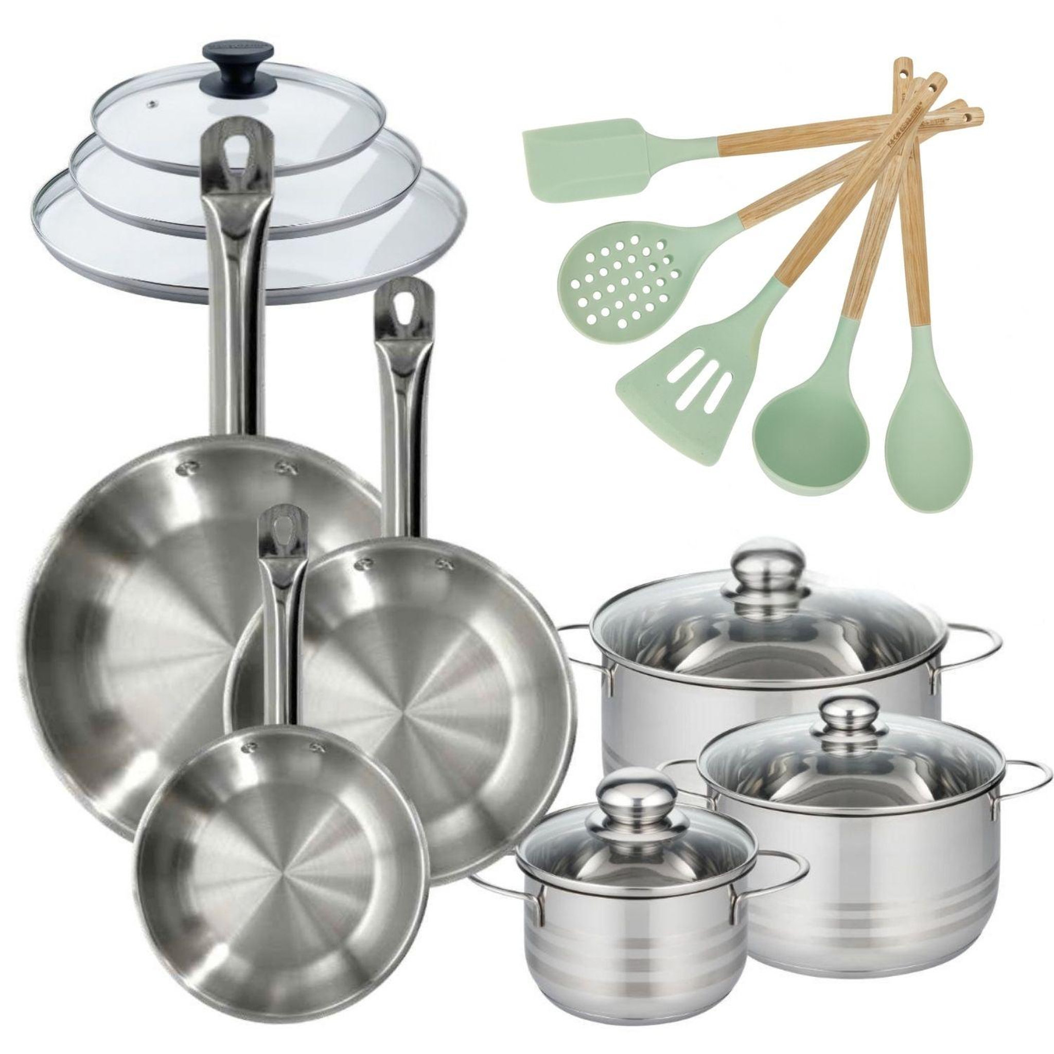 Fackelmann Lot de 3 poêles 20/24/28cm et 3 faitouts 16/20/24cm avec couvercles fackelmann etherna avec 5 ustensiles