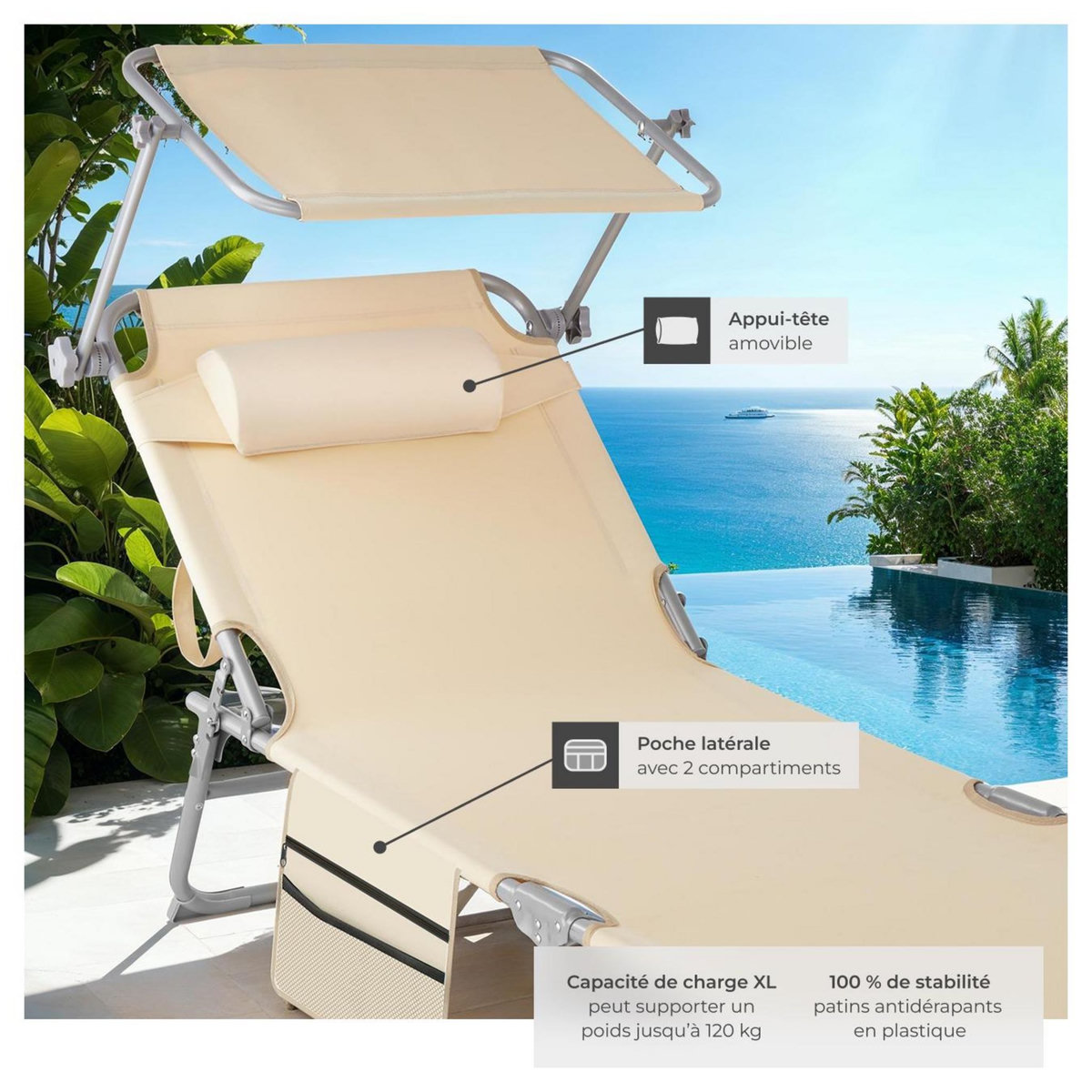 tectake Lot de 2 bains de soleil pliable beige