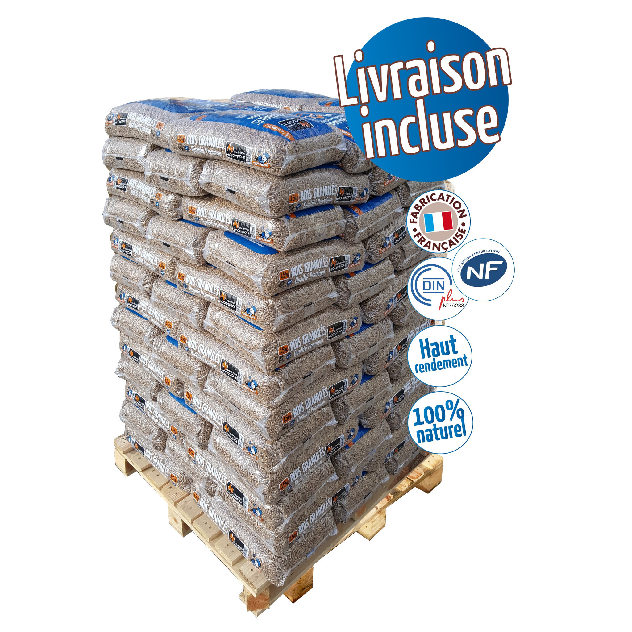 Voir la diapositive 2 : WOODSTOCK Granulés de bois - 1 palette - 78 sacs de 15 Kg