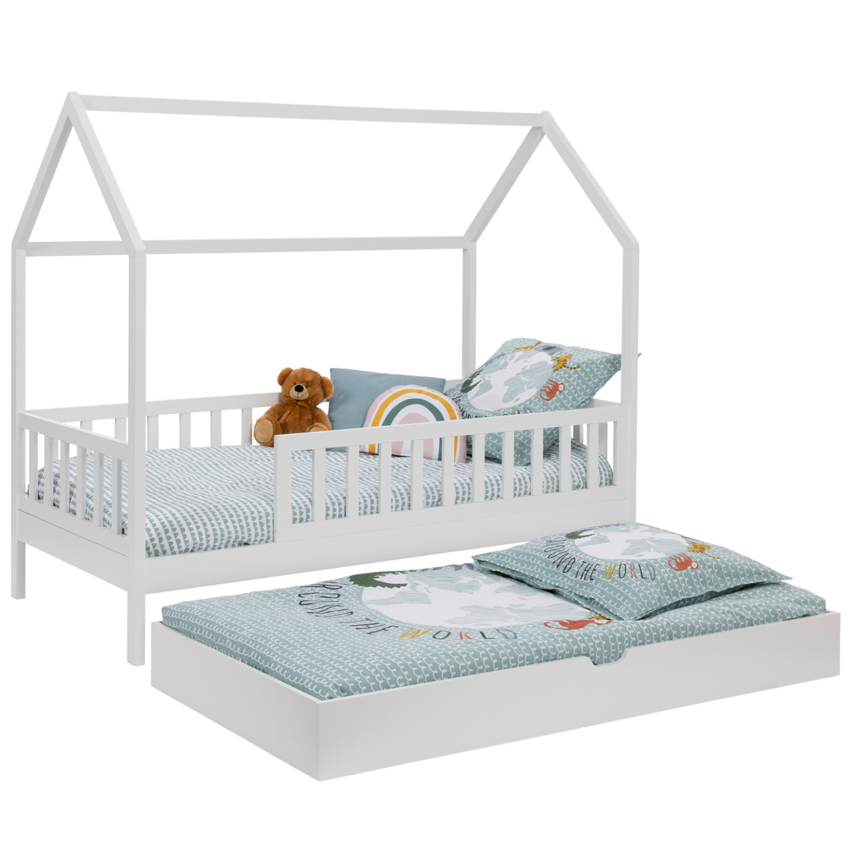 ID MARKET Lit cabane enfant 80 x 160 CM NEREE blanc avec 1 tiroir gigogne et de rangement