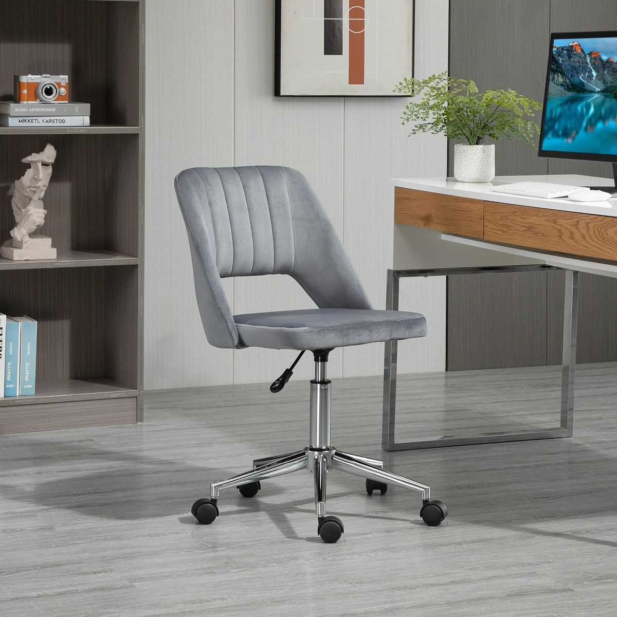 VINSETTO Chaise de bureau design contemporain dossier ergonomique ajouré strié hauteur réglable pivotante 360° piètement chromé velours gris