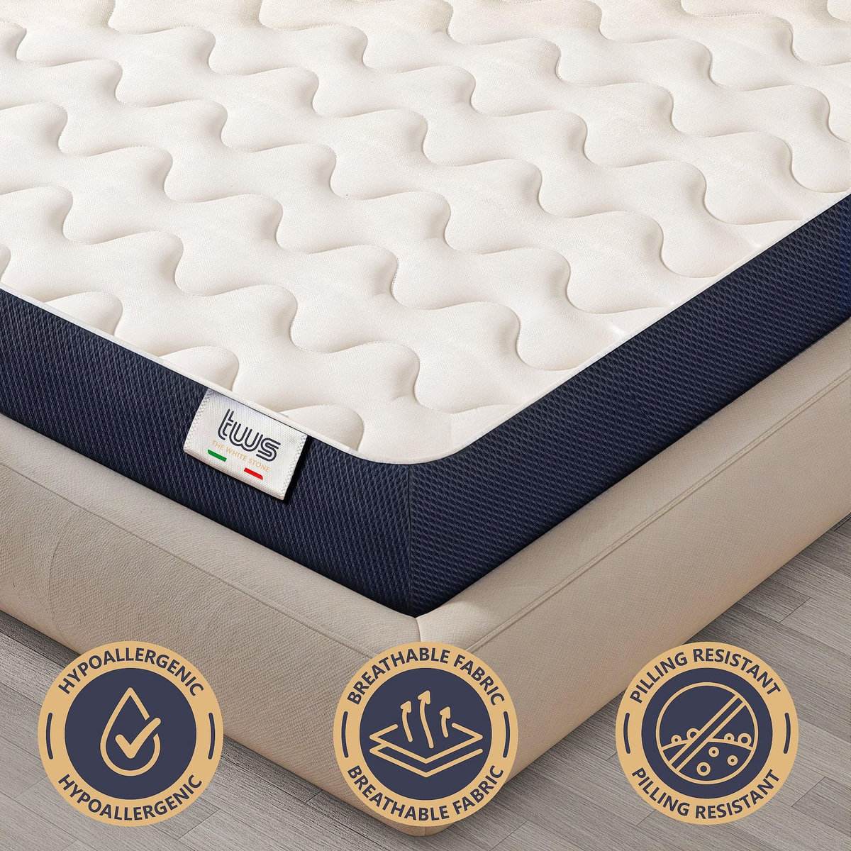 THE WHITE STONE Matelas 80 x 190 en Waterfoam Hypoallergénique | Hauteur 16 cm | Rembourrage en ouate et revêtement en tissu 3D respirant, anti-acarien et antifongique | Fabriqué en Italie