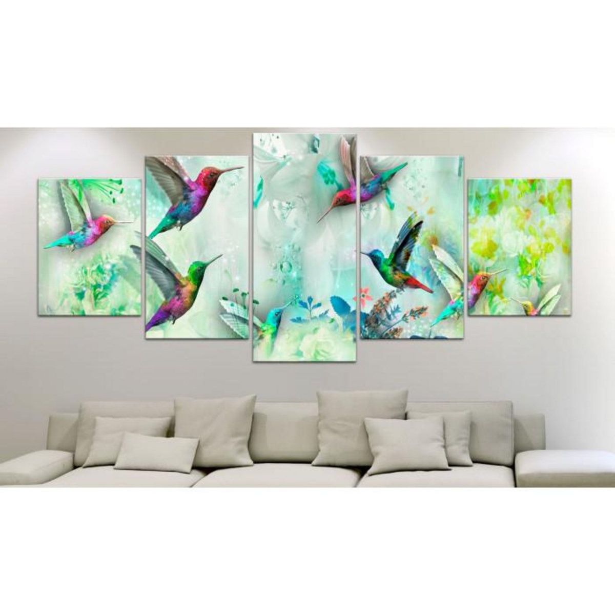 Paris Prix Tableau 5 Panneaux  Colourful Hummingbirds Wide Green