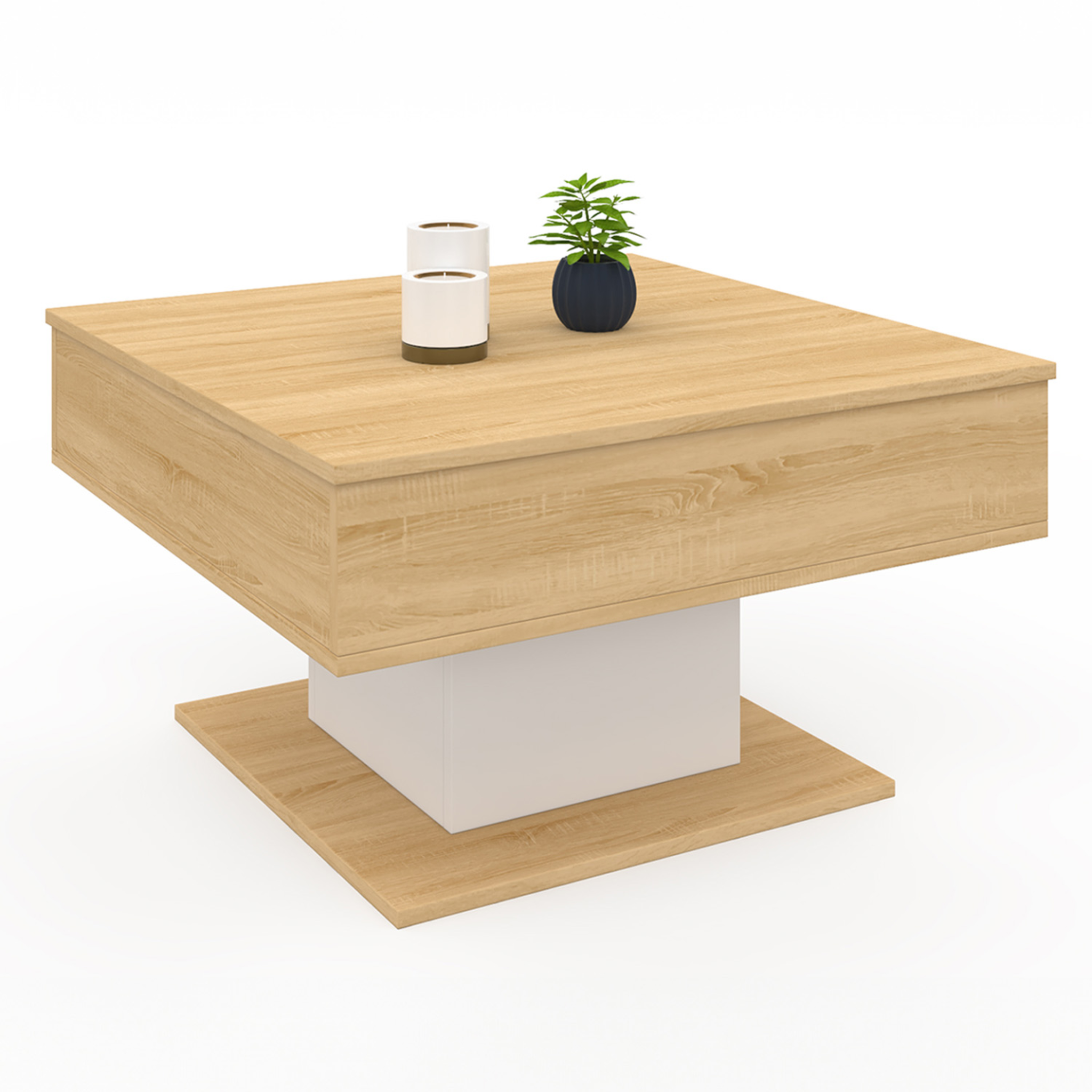 Voir la diapositive 4 : ID MARKET Table basse plateau relevable eden carrée bois et blanc