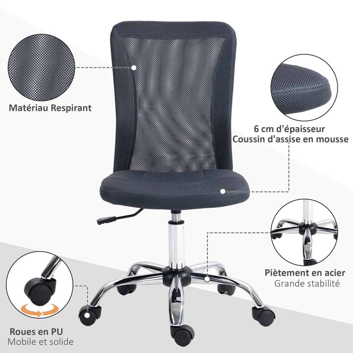 VINSETTO Vinsetto Chaise de bureau ergonomique hauteur réglable piètement chromé pivotant 360° revêtement gris foncé