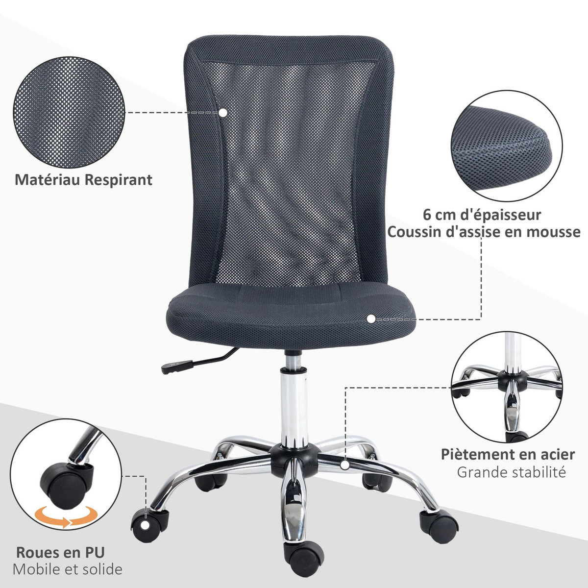 VINSETTO Vinsetto Chaise de bureau ergonomique hauteur réglable piètement chromé pivotant 360° revêtement gris foncé