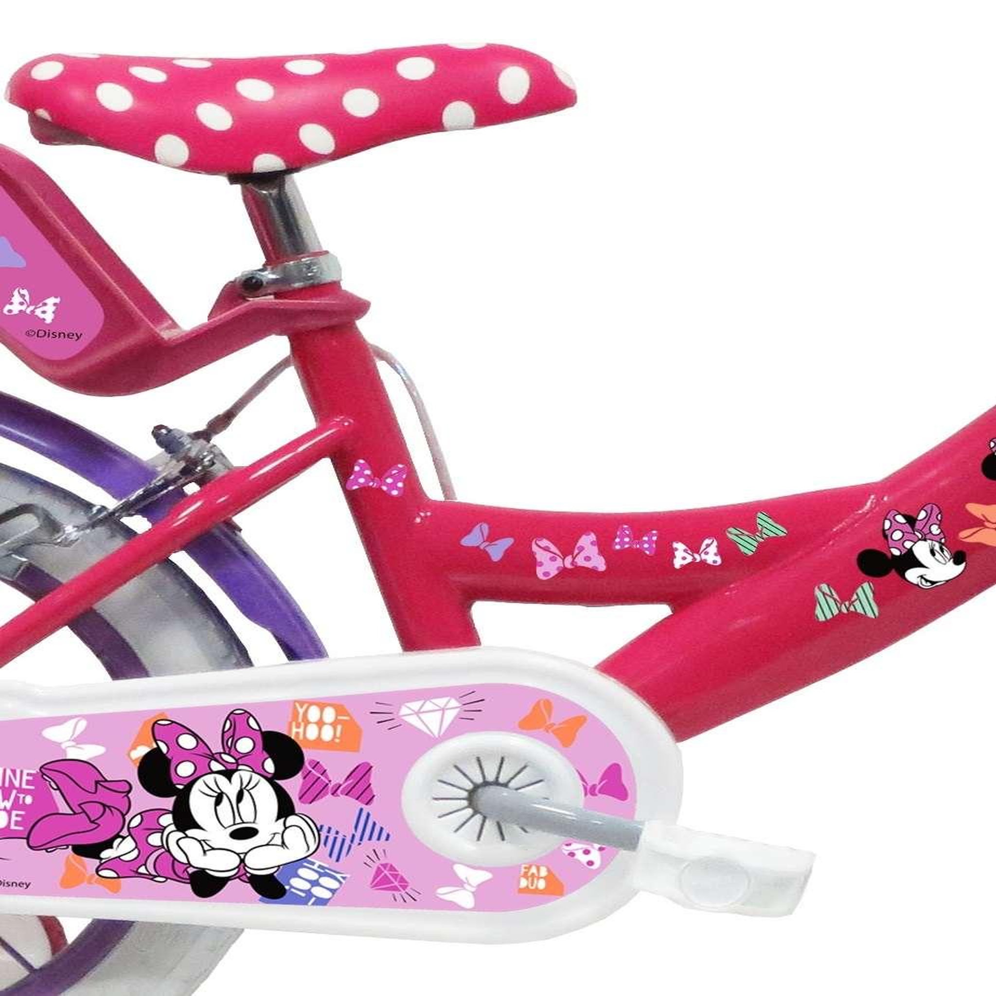 Voir la diapositive 3 : Disney Minnie Vélo enfant 14'' Fille - Modèle Minnie  pour enfant de taille 95 à110 cm - Livré avec stabilisateurs - Panier avant - Porte poupée arrière - 2 freins & Roues gonflables