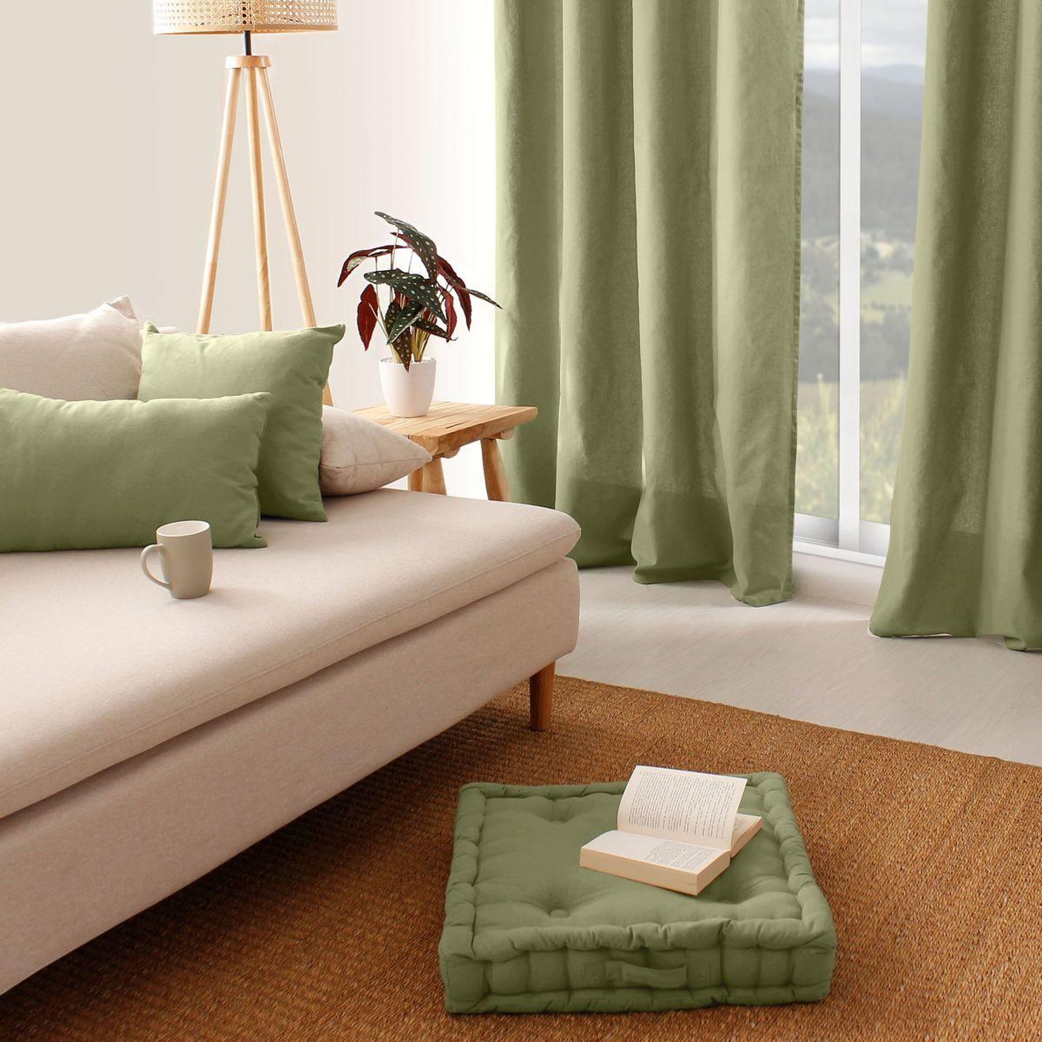 Voir la diapositive 3 : ENJOY HOME Coussin de Sol Uni  Panama  50x50cm Vert Olive