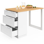 ID MARKET Ilot central mange-debout 4 personnes VITO 130 cm casserolier 3 tiroirs blanc et plateau bois