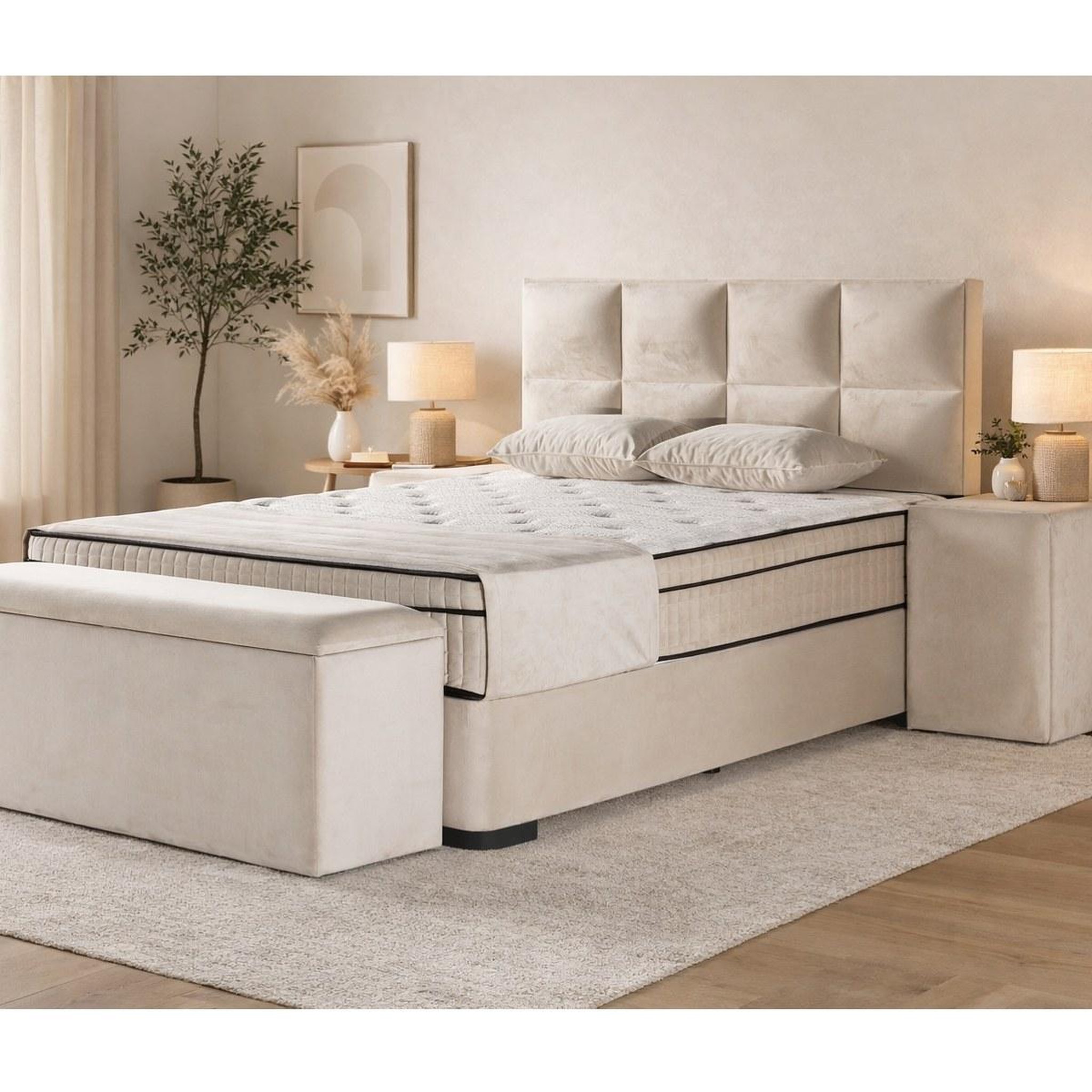 Voir la diapositive 2 : JLC KREATION Lit boxspring coffre 140cm en velours + matelas de 30cm laura