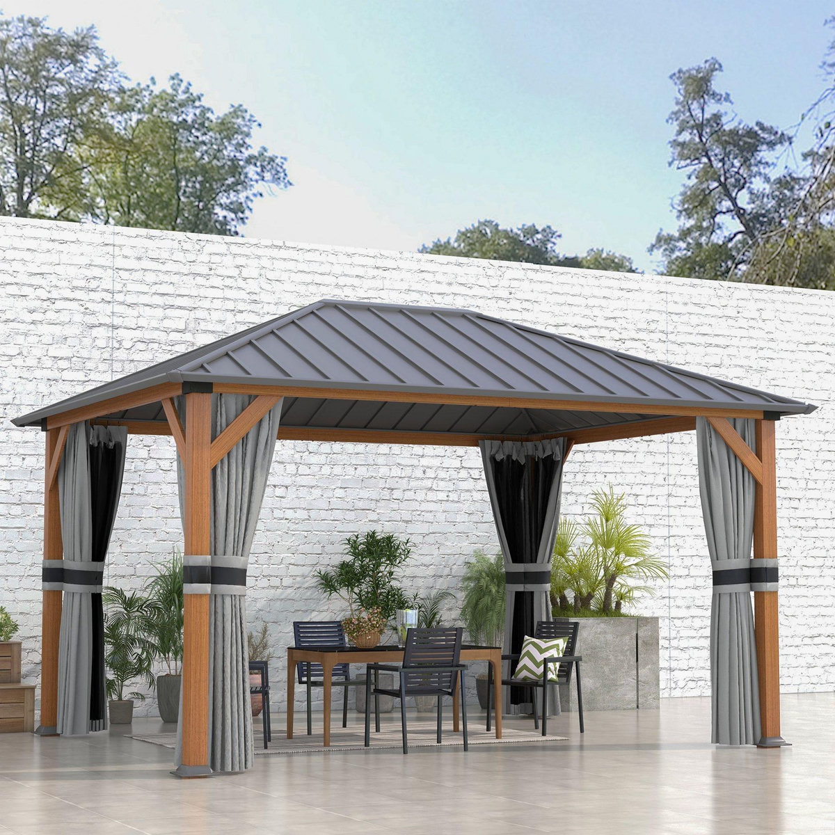 OUTSUNNY Pavillon de jardin structure alu aspect bois toit rigide métal galvanisé rideaux moustiquaires