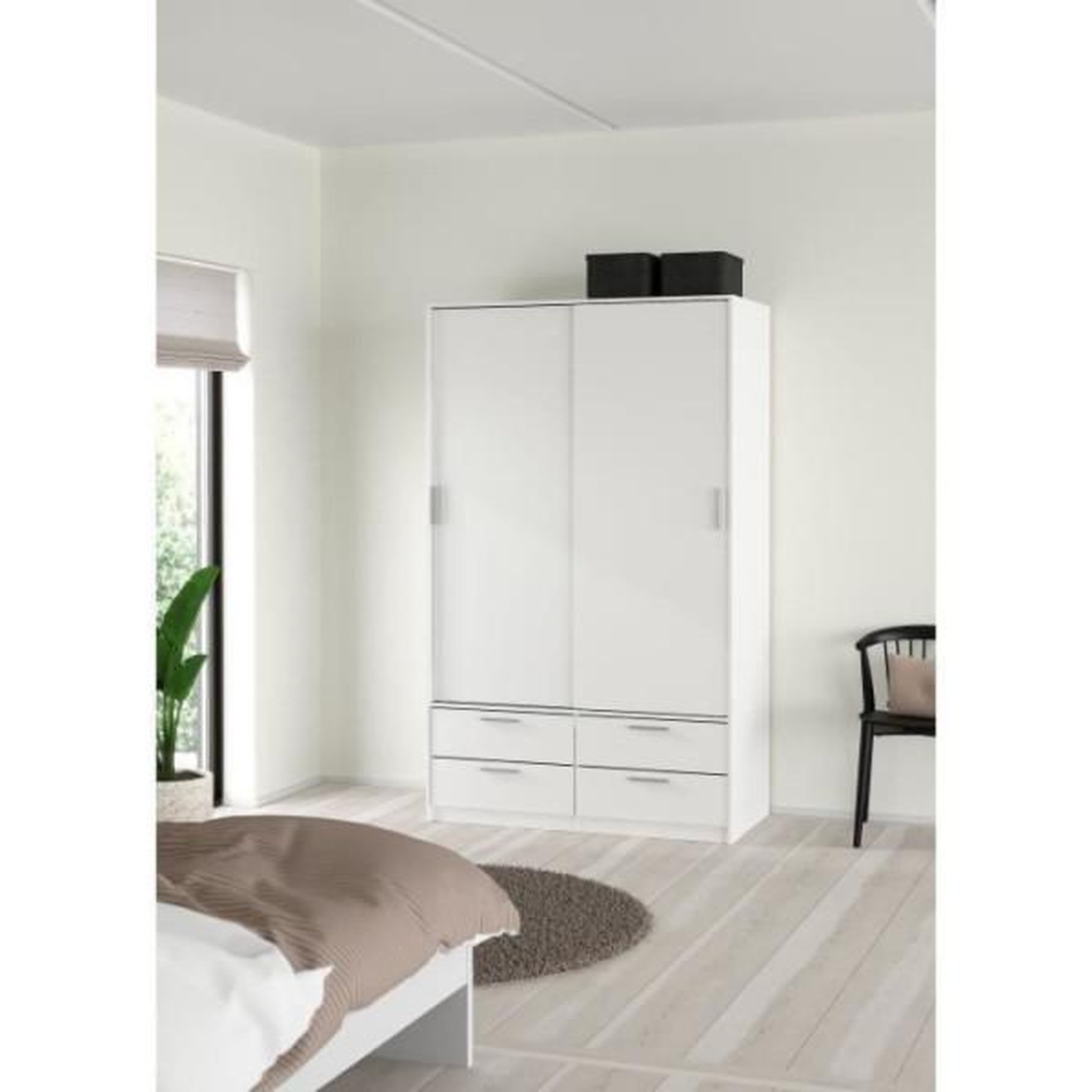 Voir la diapositive 3 : MARKET24 Armoire - Blanc mat - 2 portes coulissantes - 4 tiroirs - L121,2 x P60,25 x H200 cm - ONTARIO