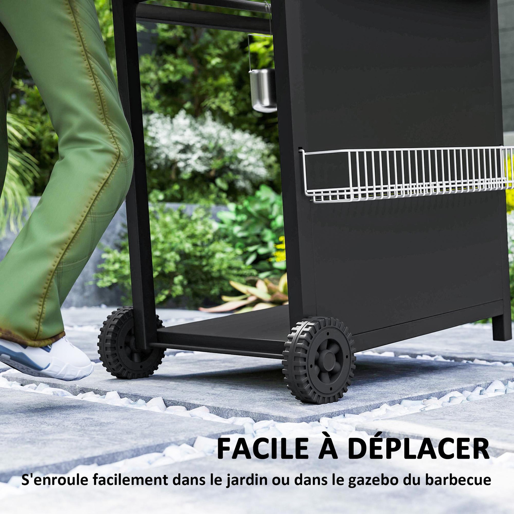 Voir la diapositive 6 : OUTSUNNY Barbecue gaz 3+1 brûleurs avec couvercle 2 roues - 9,5 kW - 2 grilles chromées, étagères latérales, thermomètre - noir