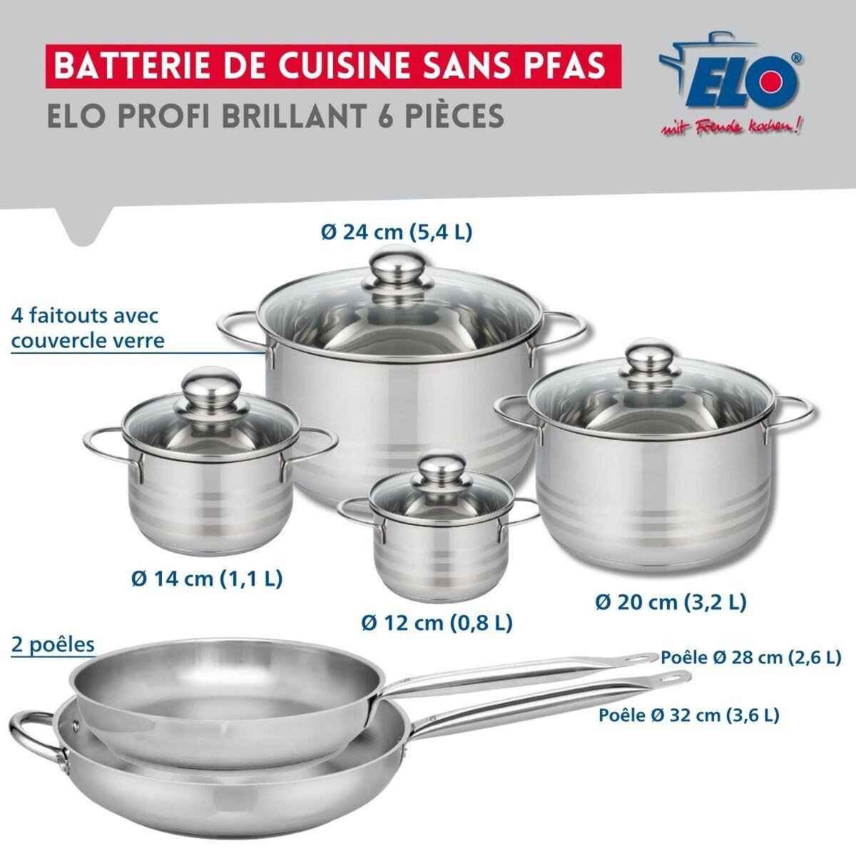 ELO Ensemble de 2 Poêles de cuisson 28 et 32 cm et 4 faitouts 12, 14, 20 et 24 cm Elo Profi Brillant