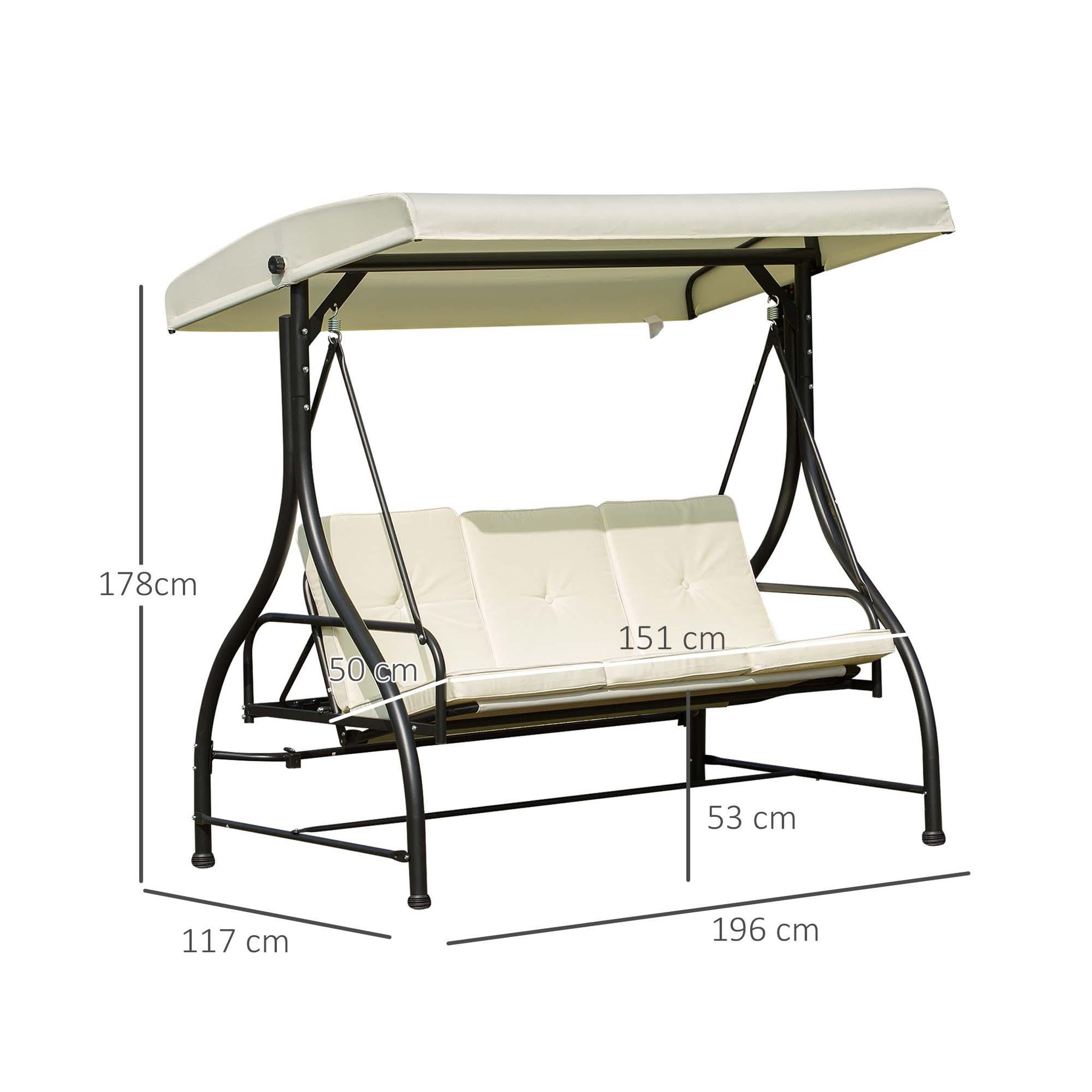 Voir la diapositive 3 : OUTSUNNY Balancelle de jardin 3 places convertible inclinaison toit réglable matelas grand confort rembourrage 8 cm fourni 1,96L x 1,17l x 1,78H m métal époxy noir crème