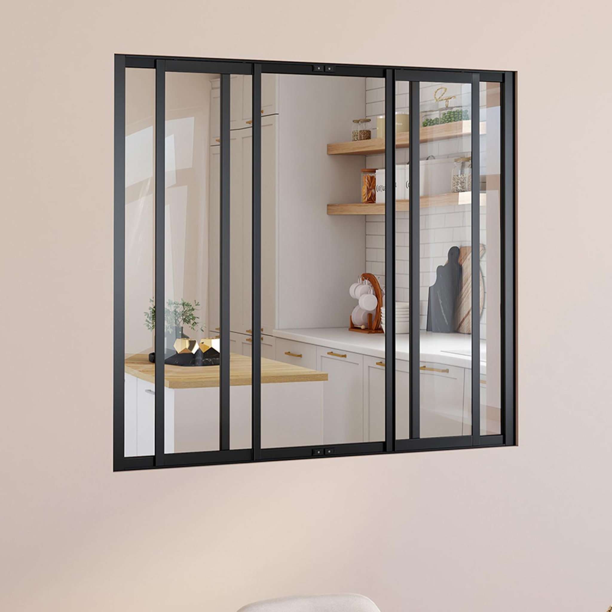Voir la diapositive 2 : ID MARKET Verrière atelier coulissante 4 vitrages l. 120 x h.108 cm en métal noir et verre trempé