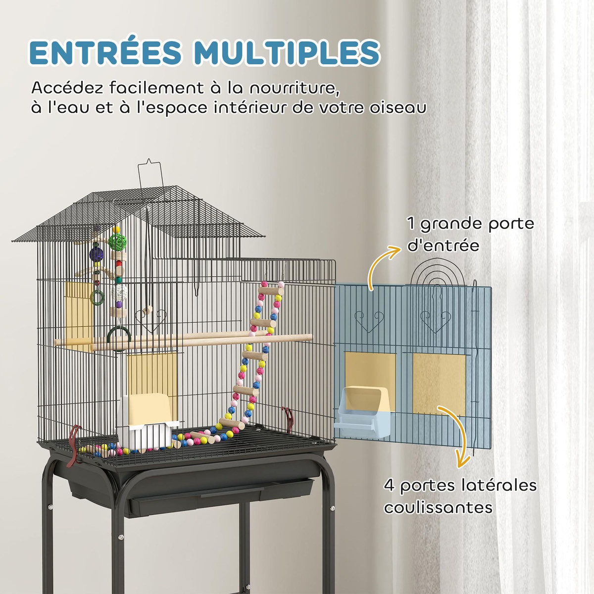 PAWHUT Cage à oiseaux 46 x 36 x 120 cm étagère 2 mangeoires 2 perchoirs balançoire échelle jouet noir