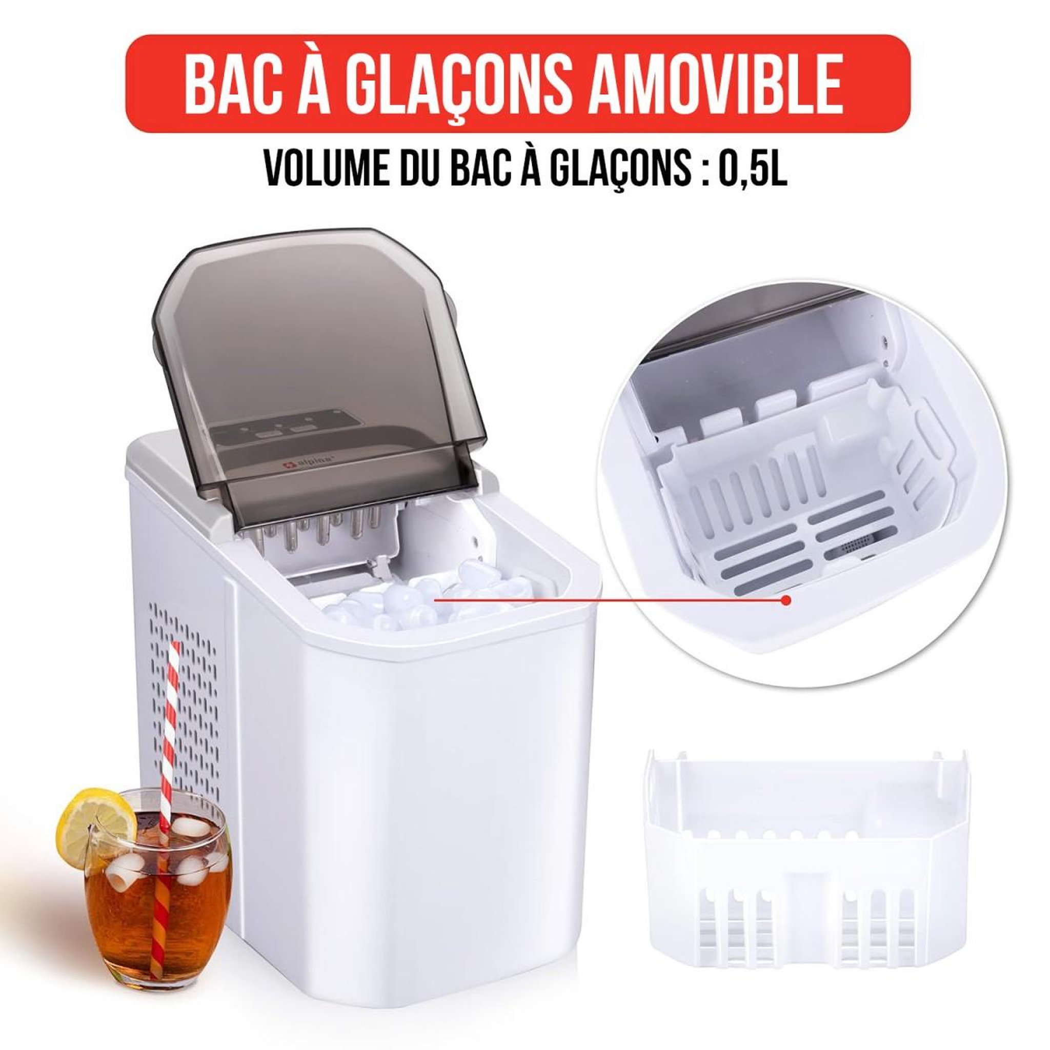 Voir la diapositive 6 : Alpina Machine à glaçons 112W Cycles de 9 glaçons 10 à 12 min 2 tailles Couvercle Transparent ALPINA