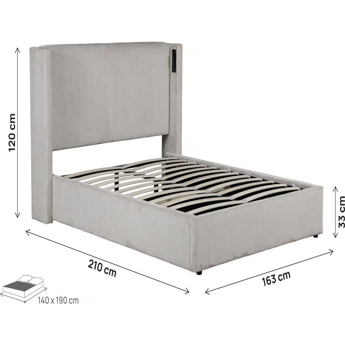 Habitat et Jardin Lit double en velours côtelé avec coffre et lampe intégré  Cortina  - 140 x 190 cm-  Beige