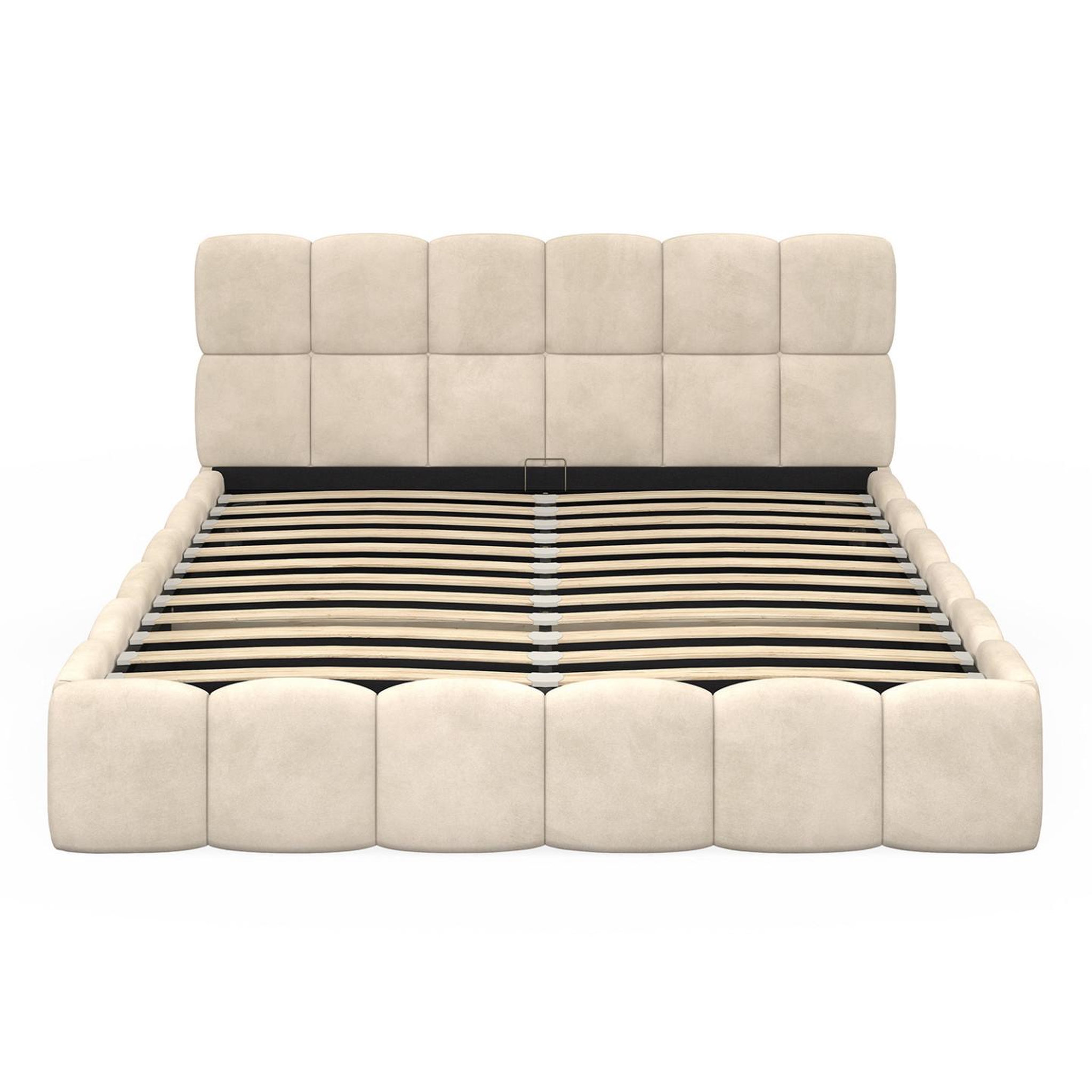 Voir la diapositive 3 : ID MARKET Lit coffre double nuage avec tête de lit matelassée et sommier 160 x 200 cm velours beige