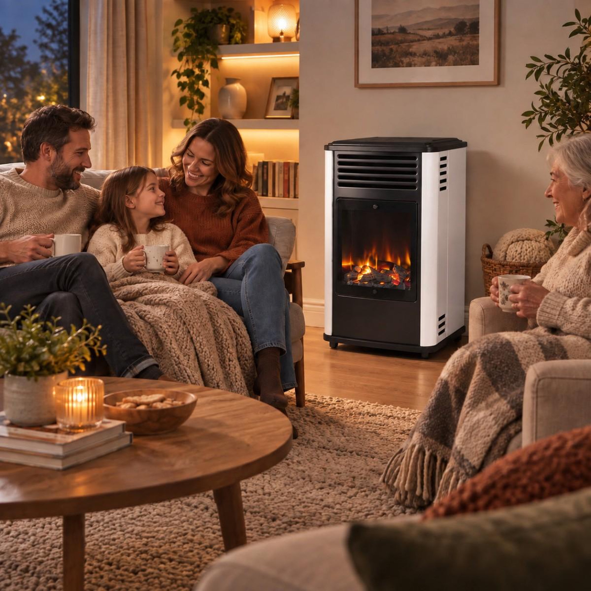 Voir la diapositive 4 : SAHARA Poele à gaz 3.4KW Blanc et noir Chauffage d'appoint effet Feu Manhattan Sahara