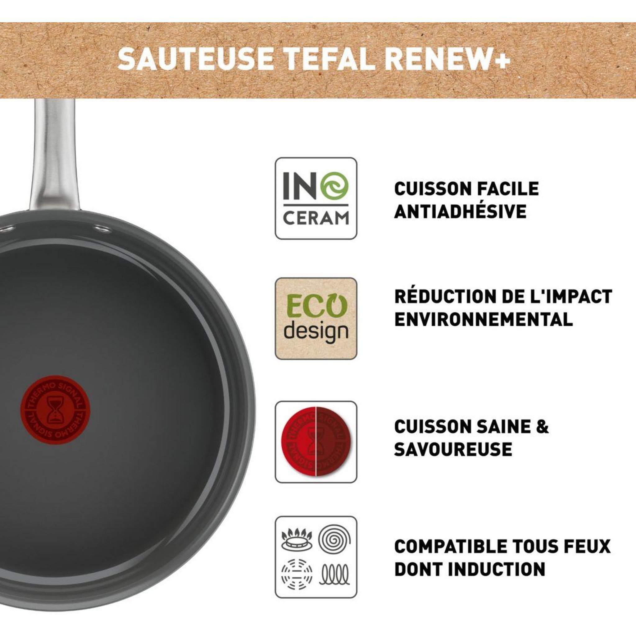 Voir la diapositive 4 : TEFAL Sauteuse manche fixe renew+ 24cm avec couvercle