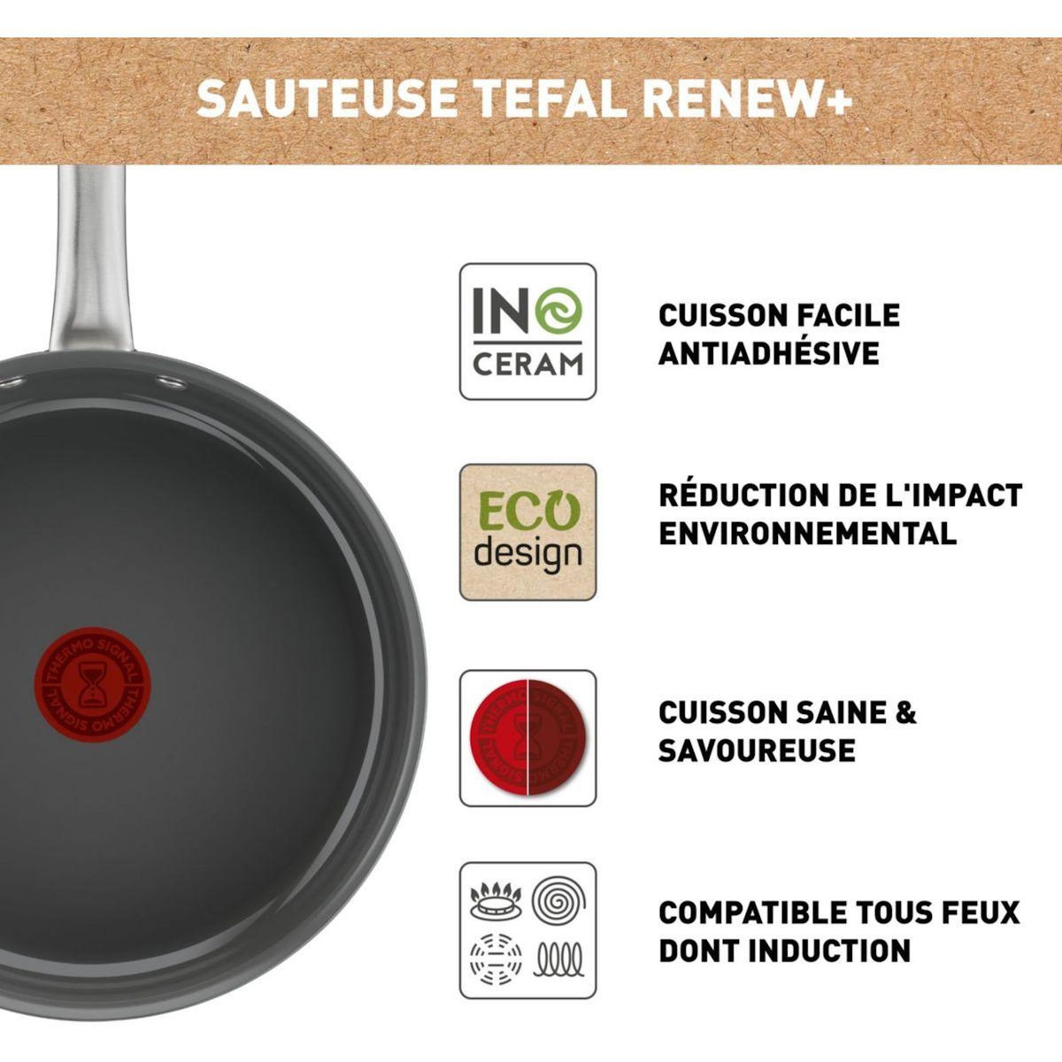 TEFAL Sauteuse Manche fixe Renew+ 24cm avec couvercle