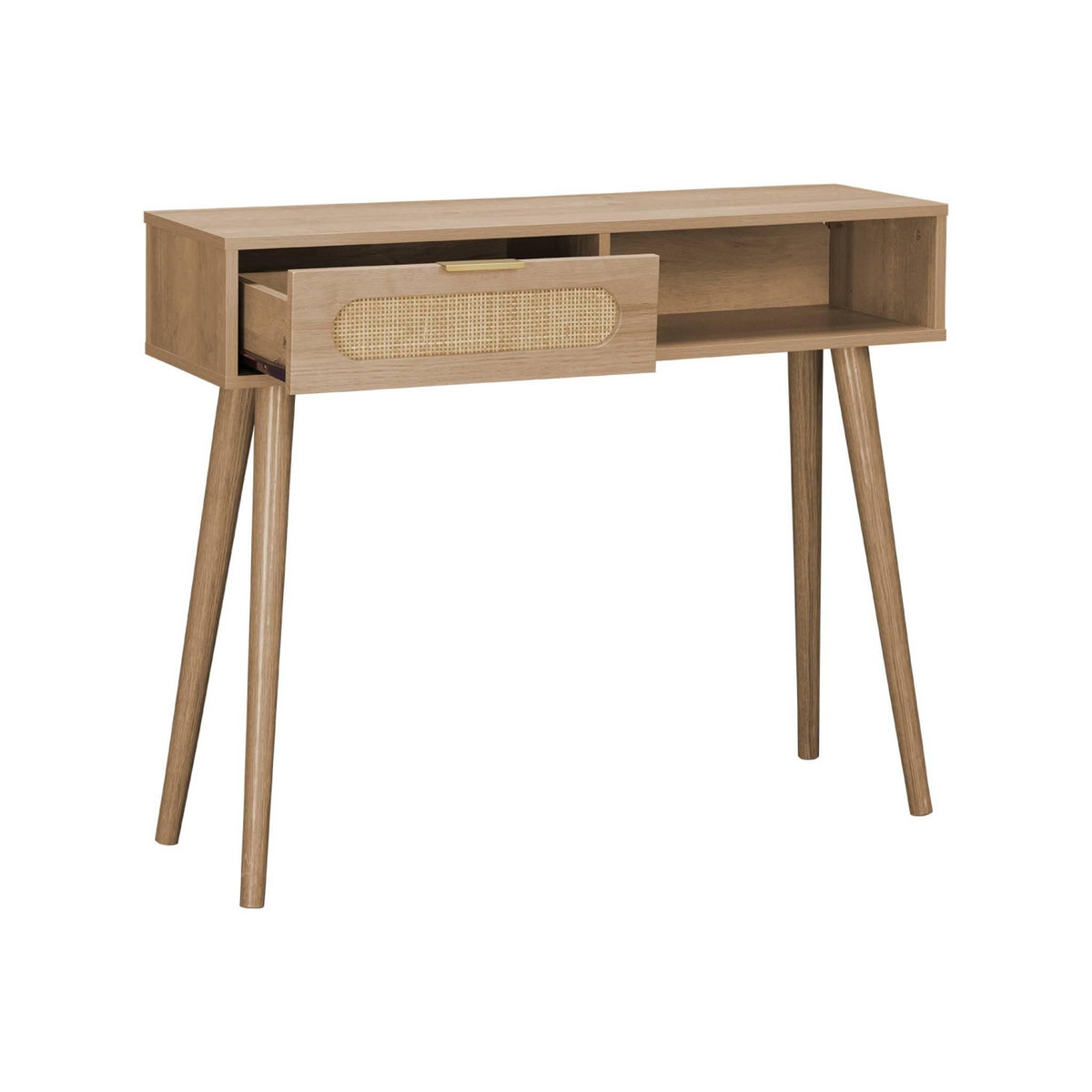 SWEEEK Console décor bois et cannage arrondi . Eva. 1 tiroir. 1 niche. pieds scandinaves. L 100 x l 29 x H 81cm
