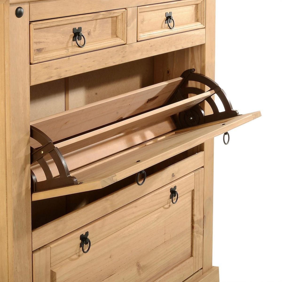 IDIMEX Meuble à chaussures en pin TEQUILA style mexicain, 2 abattants et 2 tiroirs