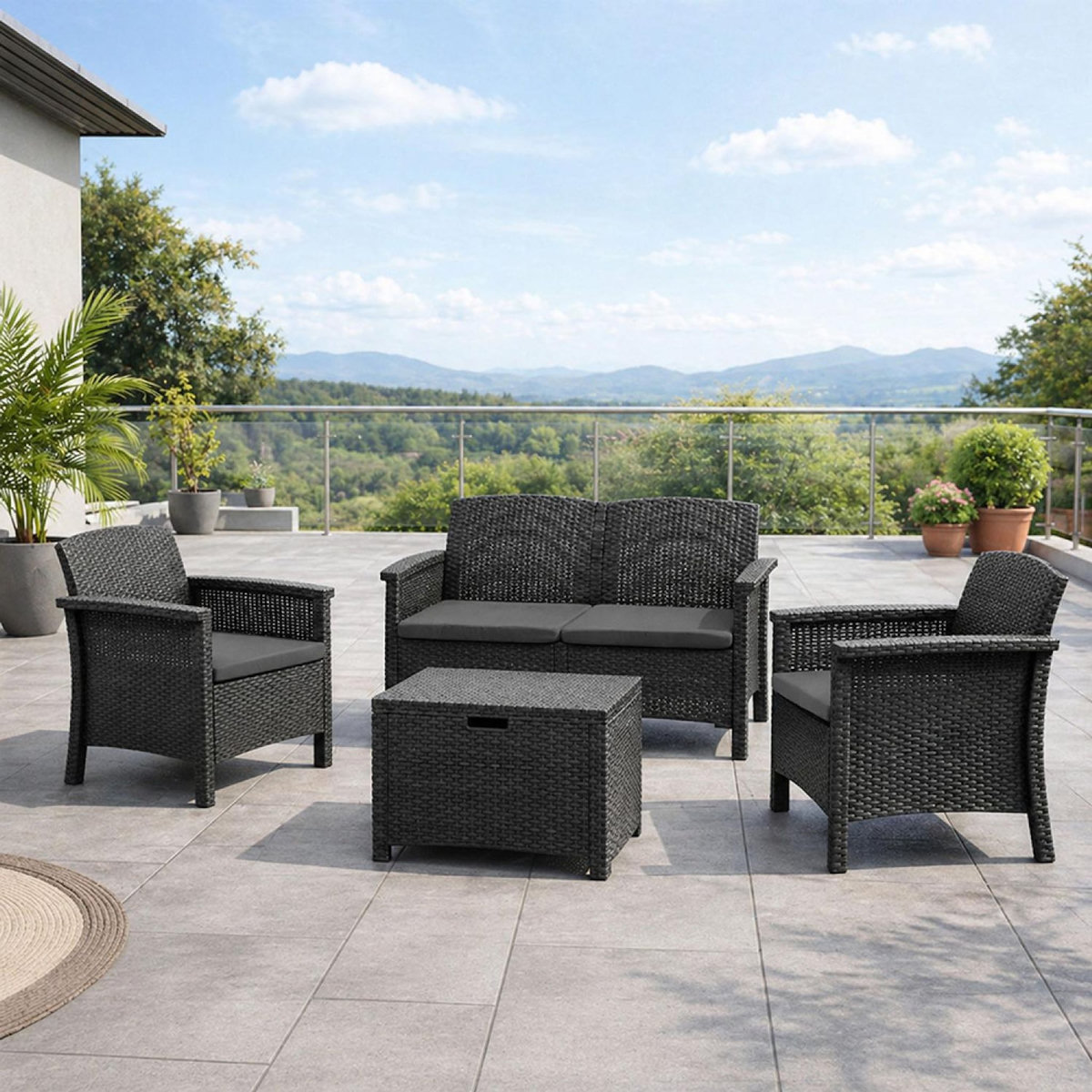 CONCEPT USINE Salon de jardin 4 places effet résine tressée gris anthracite avec table basse MANIZA